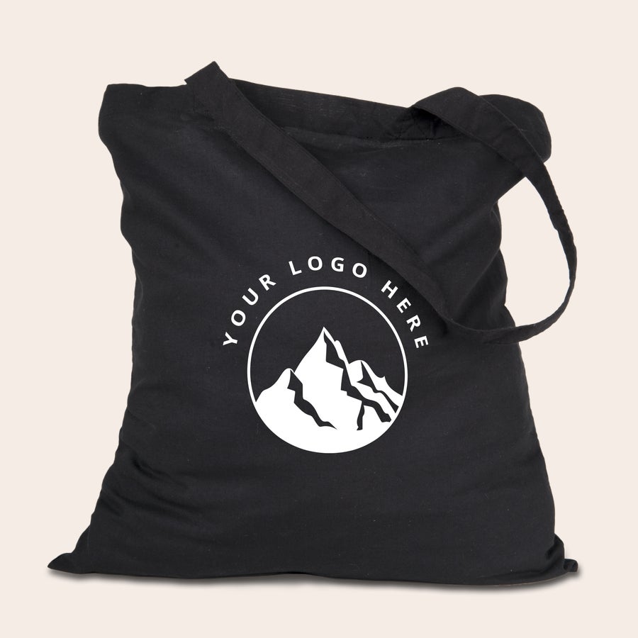 Tote bag personnalisé photo Tote bag personnalisé en coton bio noir imprimé avec un design de montagnes et le texte Your Logo Here