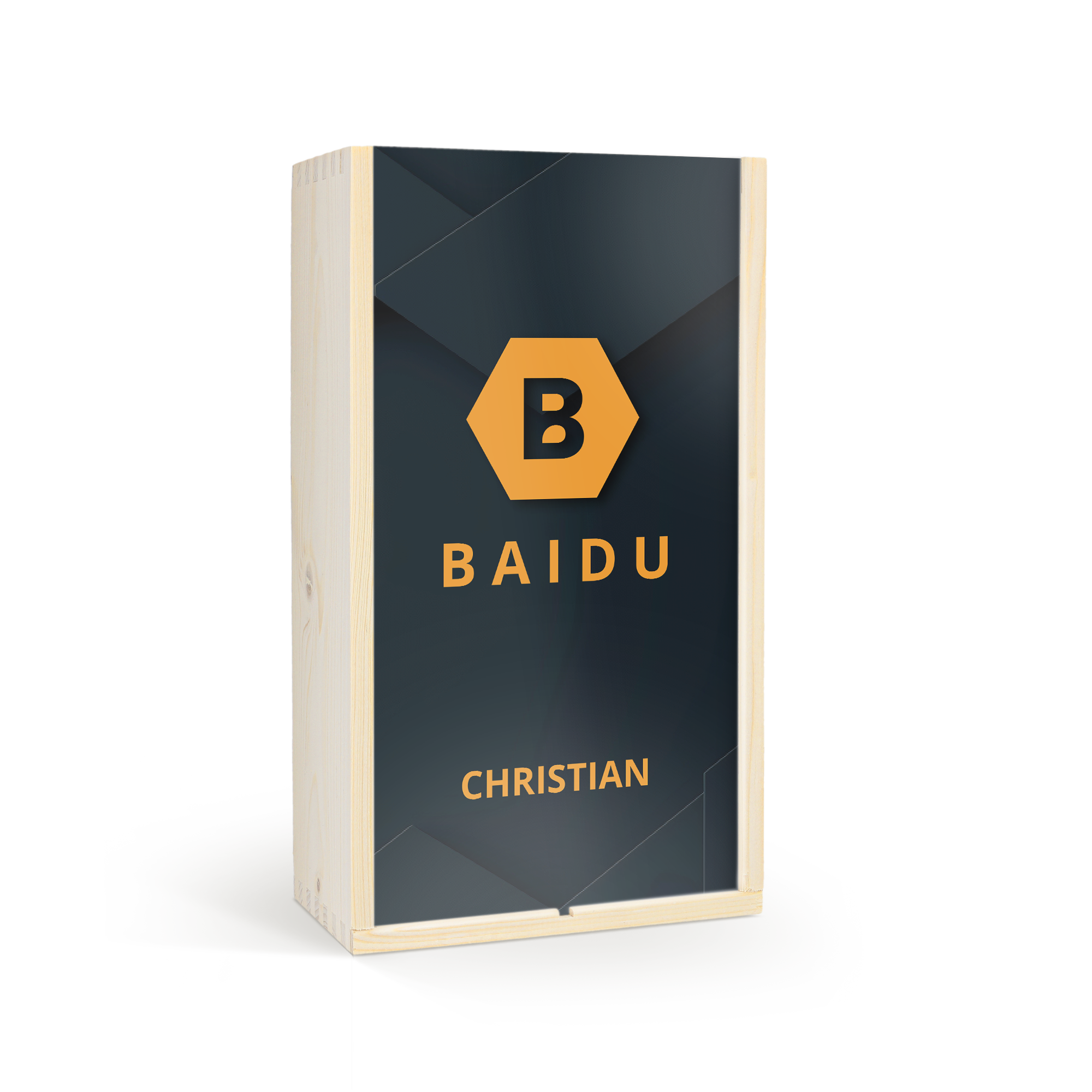 Trälåda för öl-set med tryckt design i svart och orange, anpassad med texten Baidu Christian. Perfekt för Fars dag.