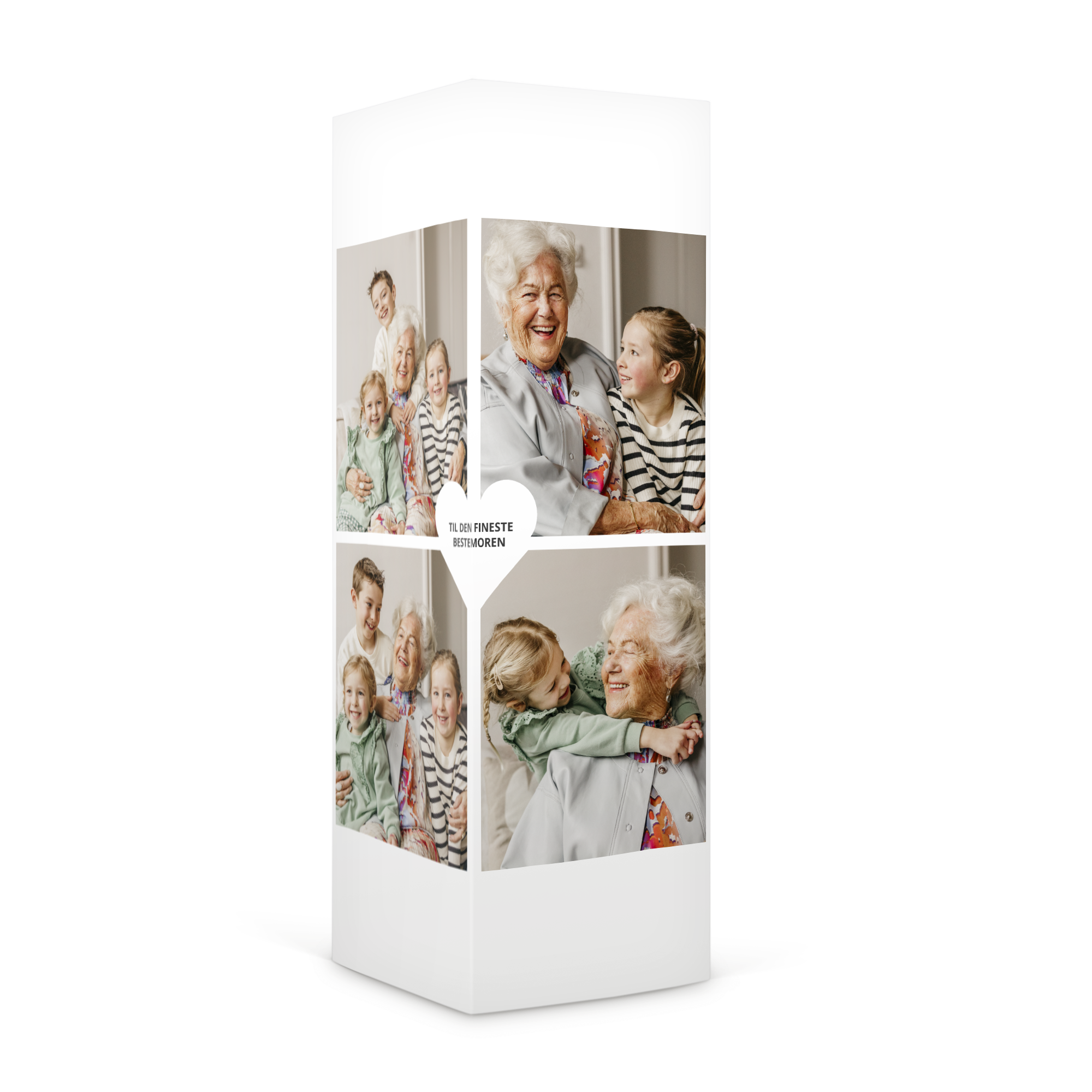 Gaveeske for M&M's, trykt med et bilde av en familie og teksten Til den fineste bestemor.