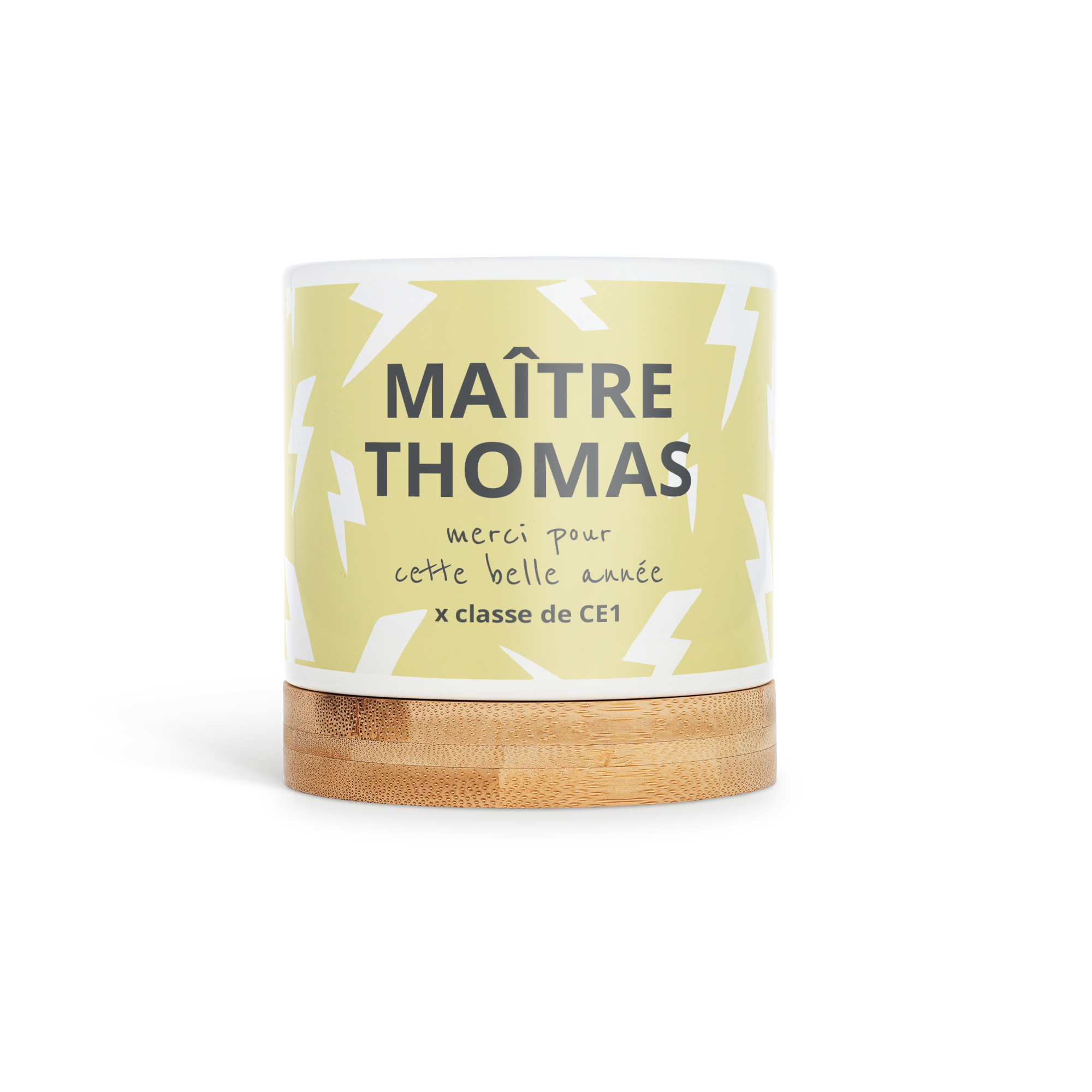 Pot de fleurs en céramique personnalisé avec un motif éclair et les mots Maître Thomas, merci pour cette belle année x classe de CE1