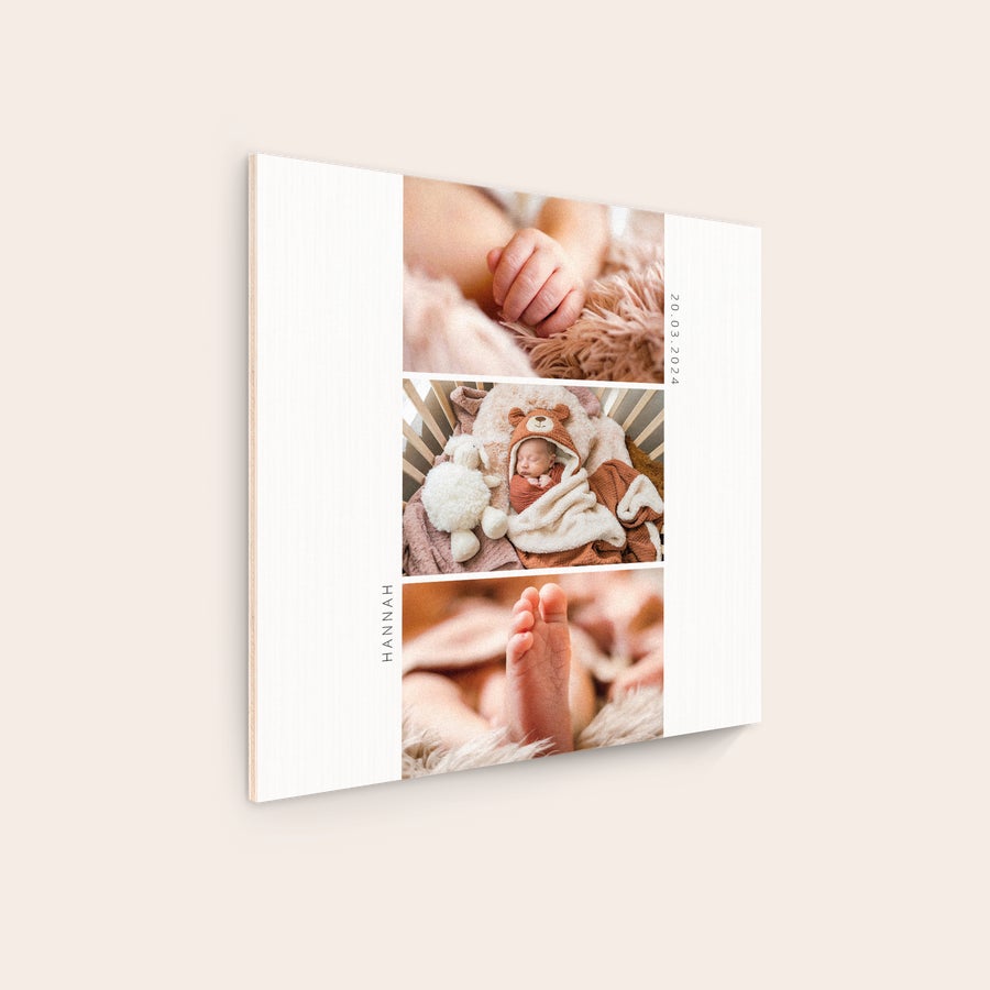 Tre bilde Trepanel med tre babybilder, trykt med navn HANNAH og dato 20.03.2024, i stående format.