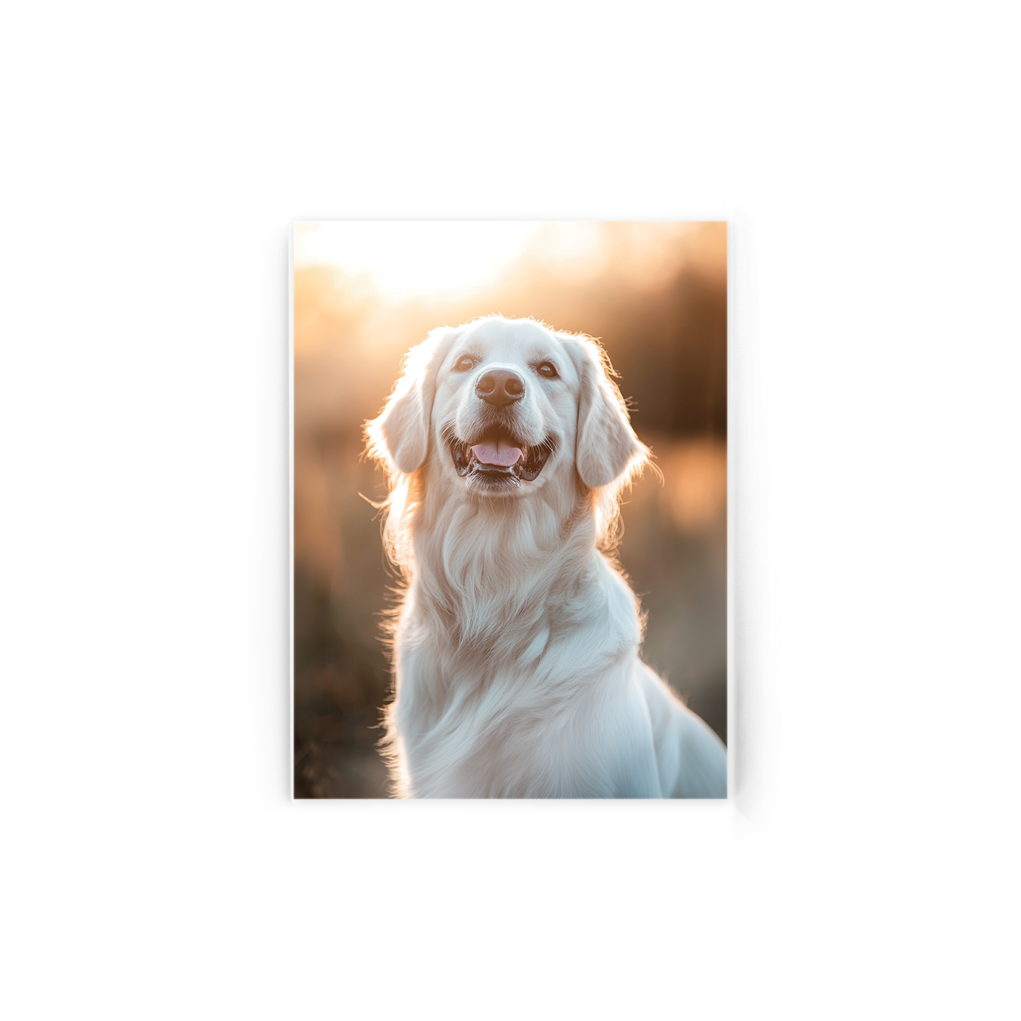 Foto in acrilico personalizzata con la stampa di un golden retriever bianco sorridente