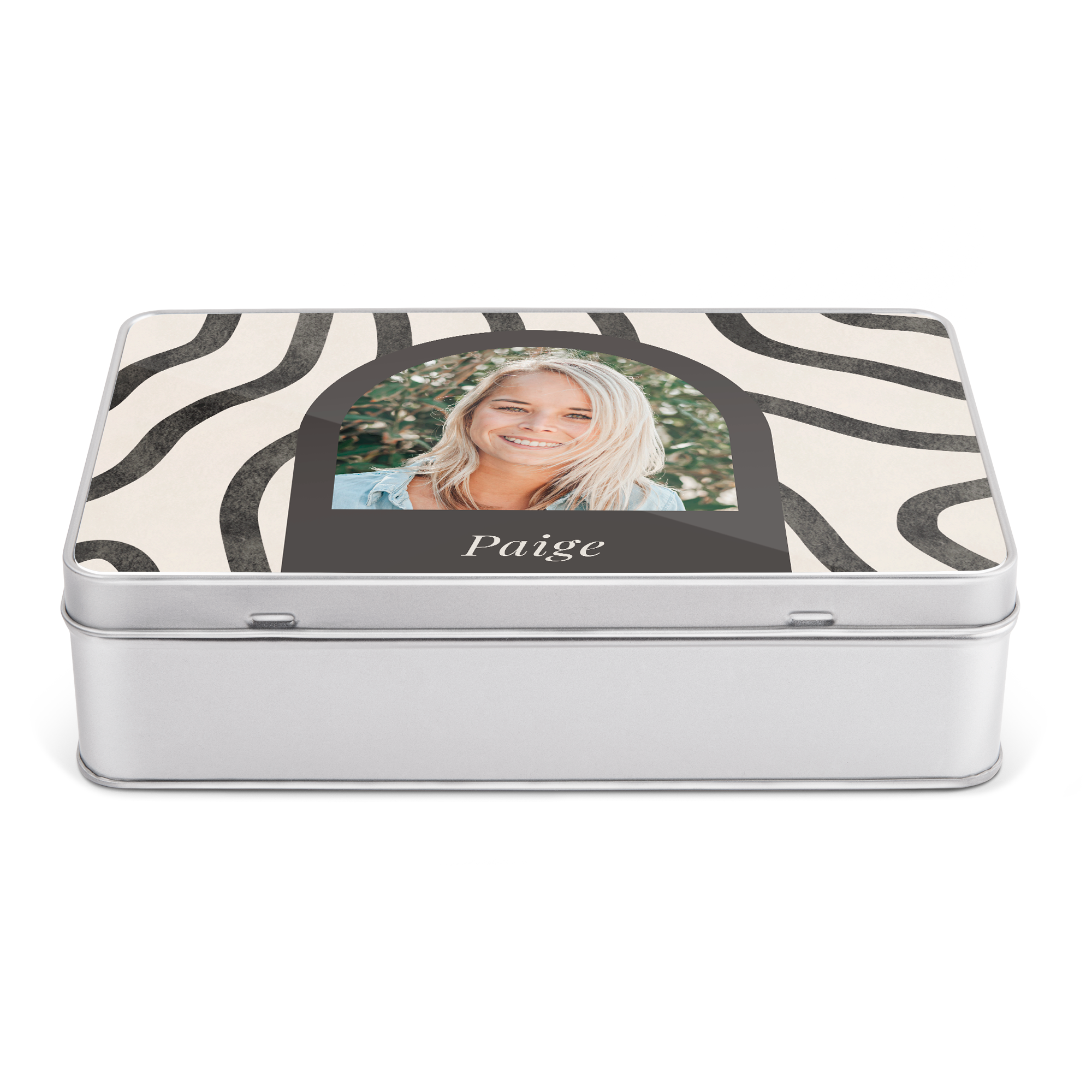 Personalized gift tin with black waves, a photo of a smiling woman, and the name Paige printed on top. Who will you surprise with a gift tin filled with delicious Oreo?