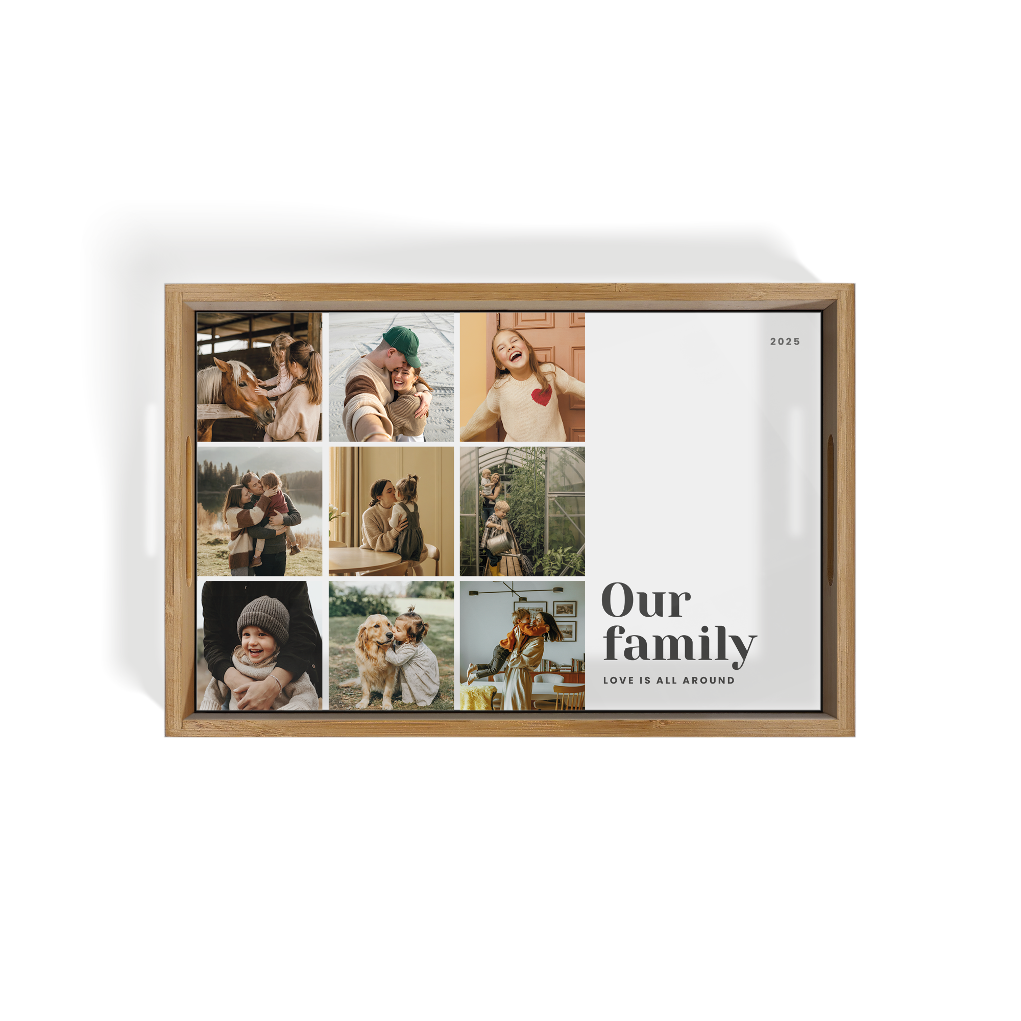 Personligt fotobricka - Rektangel - Beige - 23,5 x 37 cm tryckt med familjefoton och texten 