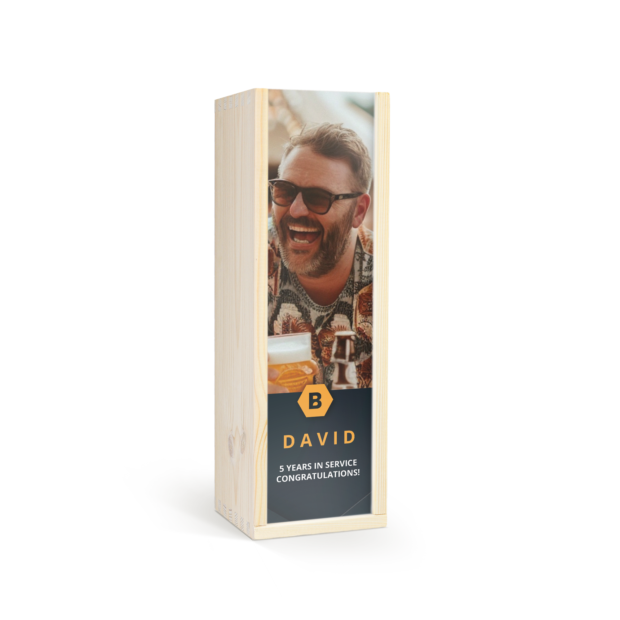 Personalised wooden case with a photo of a man and a beer printed on the front, with the name David and text 5 Years in Service Congratulations