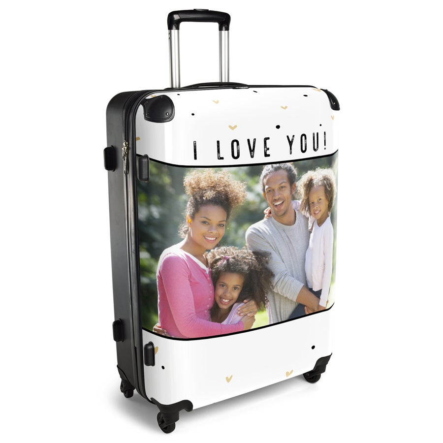 Biely super ľahký kufor XL Princess Traveler s vytlačenou rodinnou fotografiou a nápisom I LOVE YOU