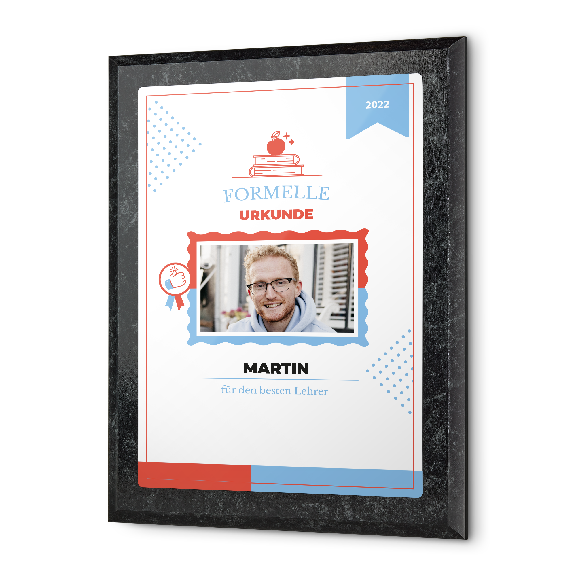 Gerahmte Urkunde personalisiert mit Foto und Text für Martin zum besten Lehrer