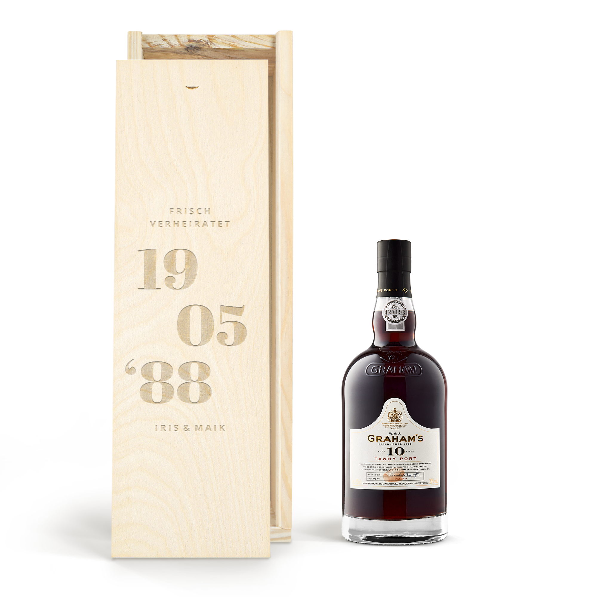 Flasche Graham's Portwein in gravierter Kiste mit Namen Iris & Maik und Datum 19.05.88 als personalisiertes Geschenk