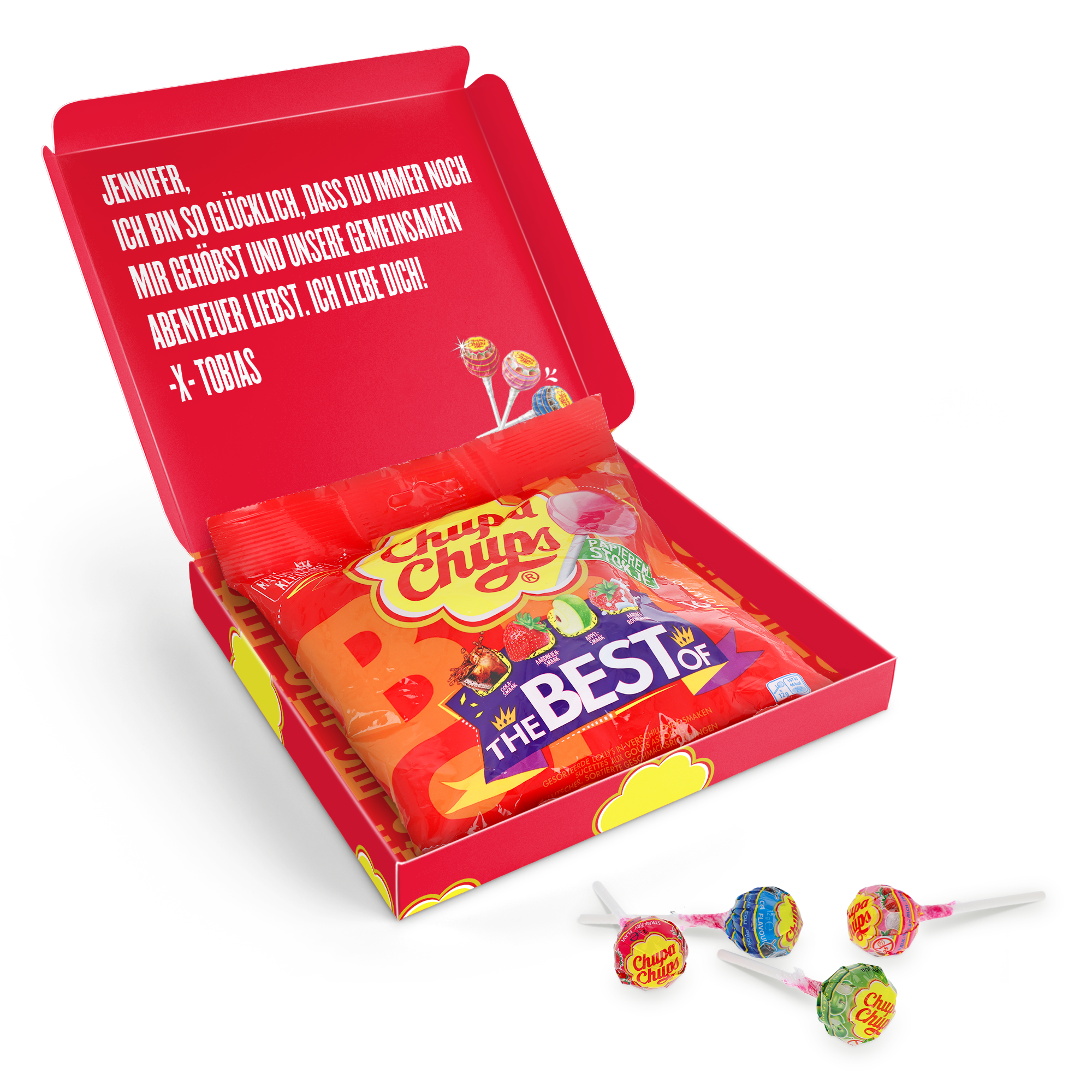 Roter Chupa Chups Briefkasten-Leckerbissen mit dem Text "Jennifer, ich bin so glücklich..." und mit Tobias personalisiert.