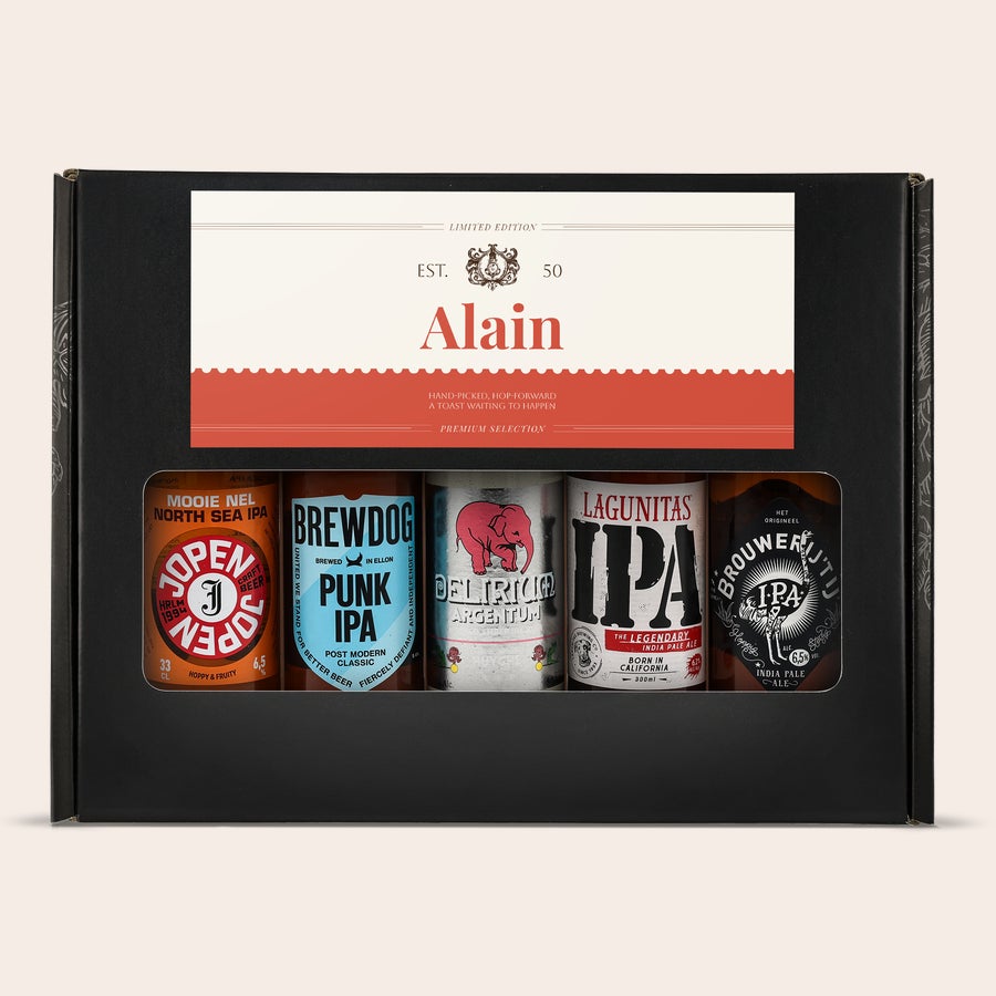 Coffret à bière personnalisé Coffret cadeau de bière personnalisé - Microbrasserie avec le prénom Alain imprimé sur l'étiquette