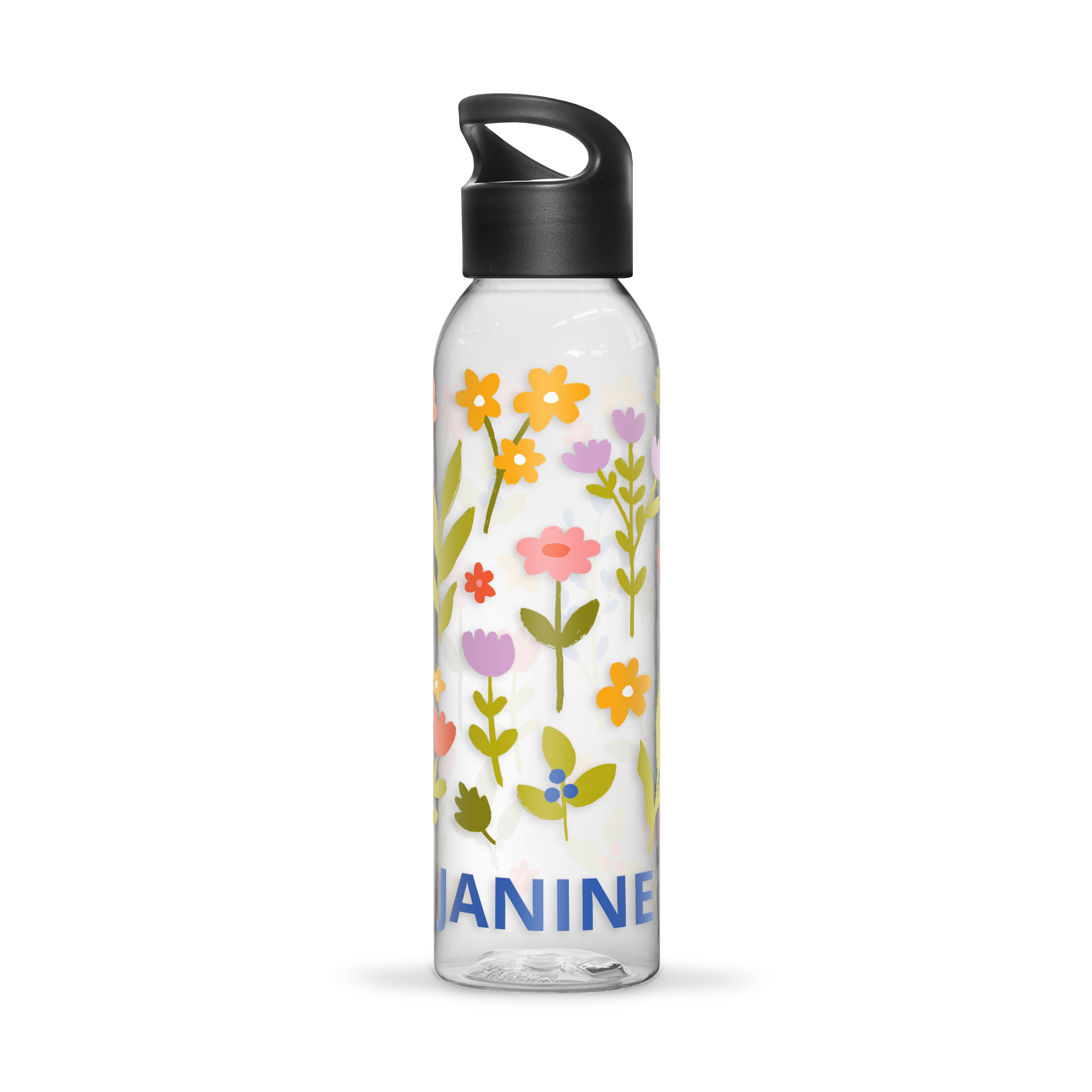 Personalisierte Wasserflasche mit farbig gedrucktem Blumenmuster und dem Namen Janine