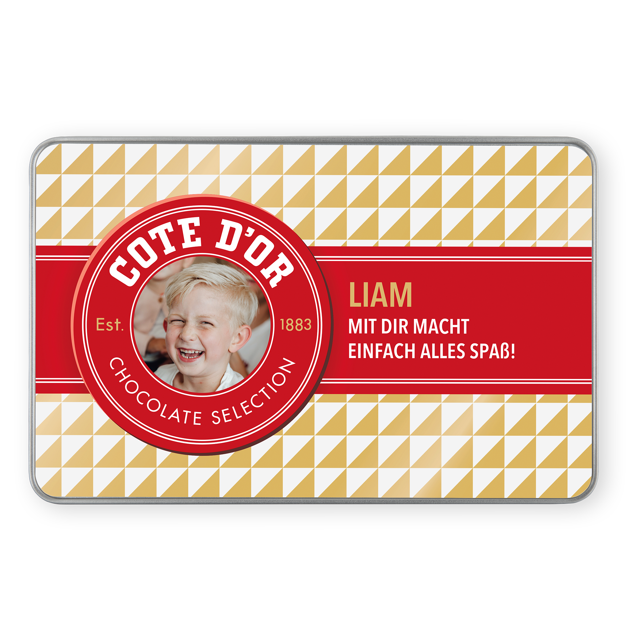 Personalisierte Geschenkdose mit Côte d’Or Schokolade bedruckt mit Kinderfoto, Namen Liam und Wunschtext.