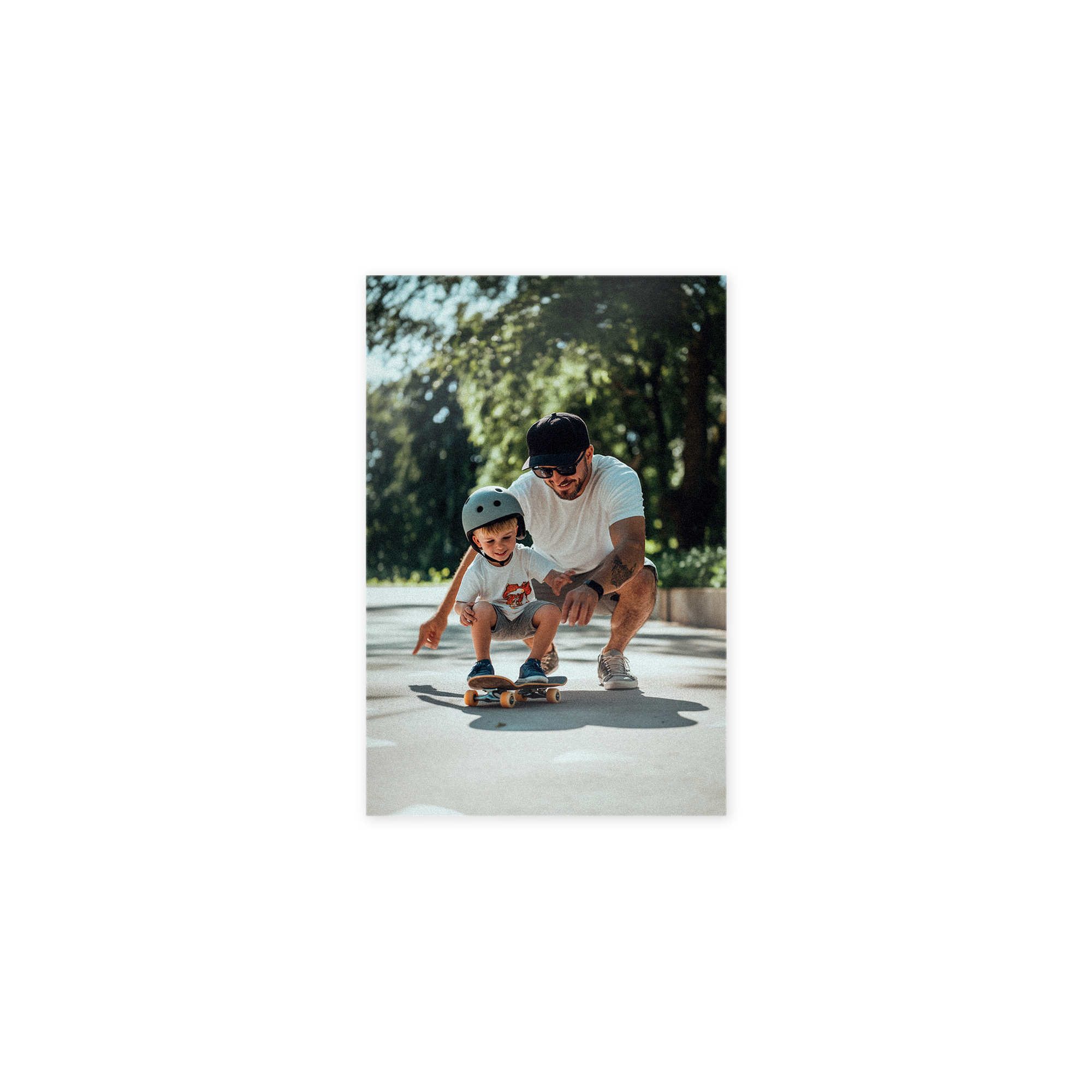 Custom photo on forex with a father teaching his child to skateboard, a wonderful gift and wall decoration