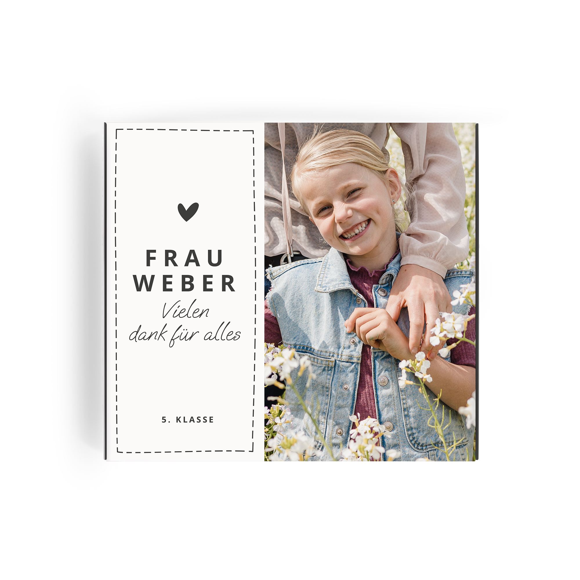 Personalisierte Milka Geschenkbox für Lehrer, bedruckt mit Foto, Namen "Frau Weber" und Nachricht "Vielen dank für alles"