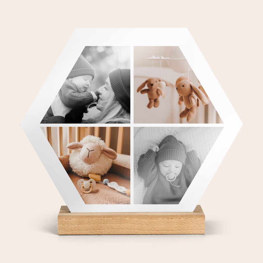 Painel em madeira com foto Azulejo de madeira hexagonal personalizado com 6 fotos impressas, montado em base de madeira, para surpreender a pessoa amada.