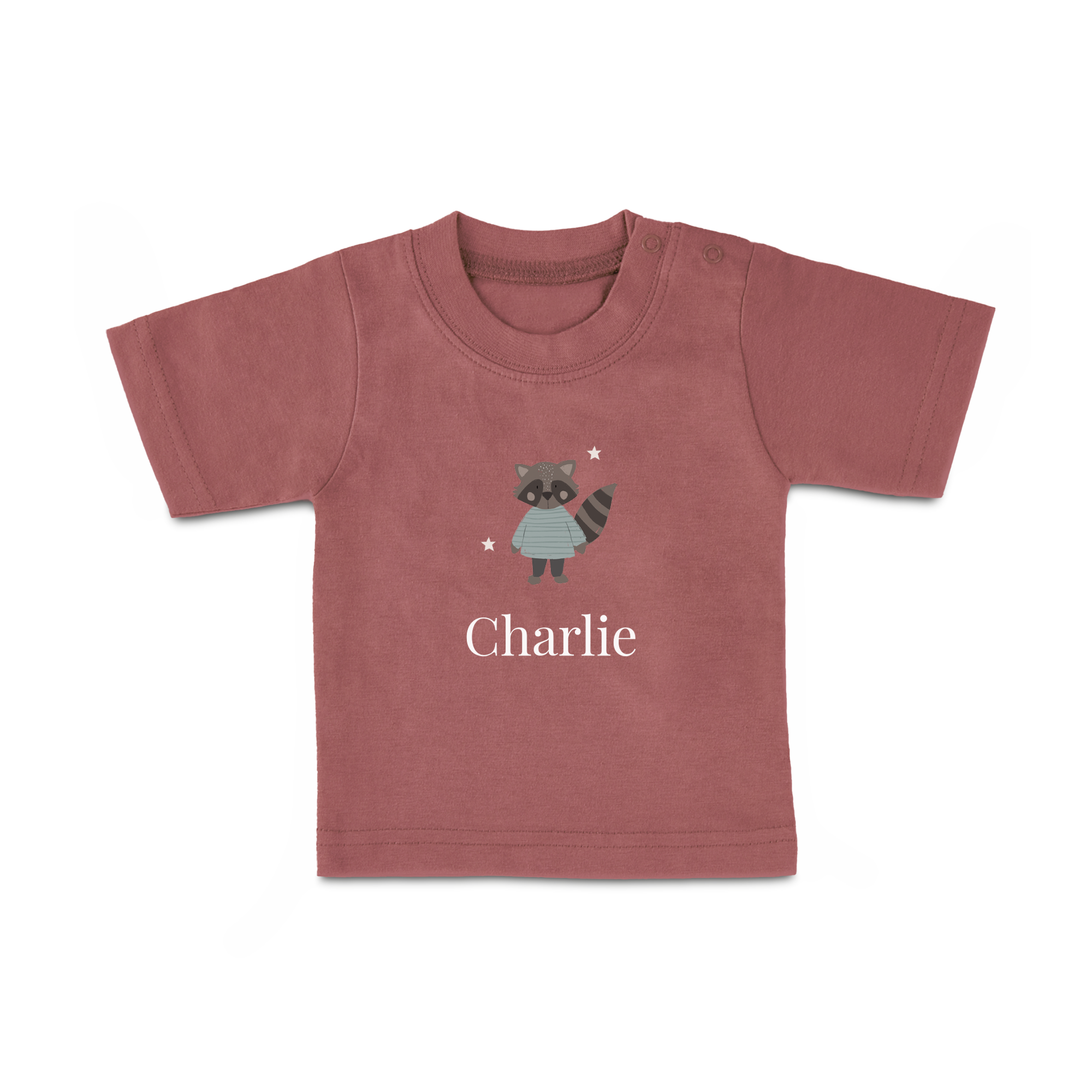 Baby shirt in rose with a printed raccoon wearing a blue striped sweater and the personalized name Charlie