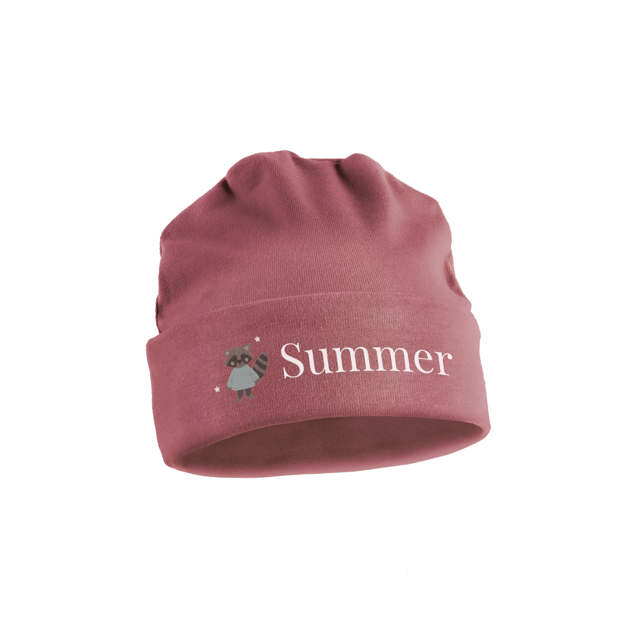 Różowa dziecięca czapeczka z imieniem Summer i grafiką szopa pracza, personalizowana nadrukiem