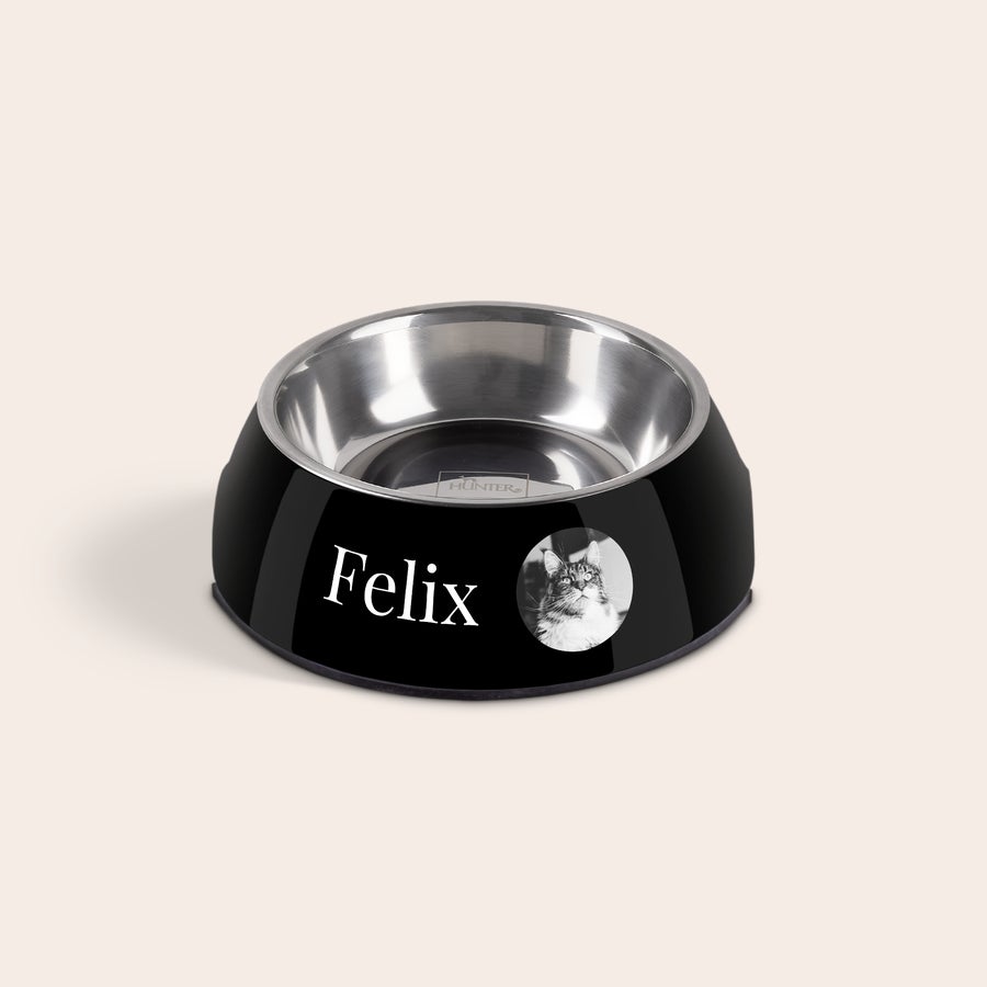 Ciotola per gatti Ciotola per gatti nera personalizzata con il nome Felix e foto stampata