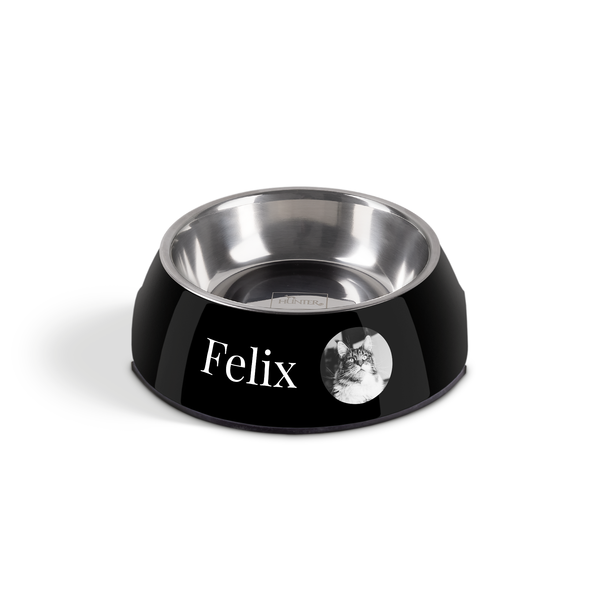 Svart katteskål i stål, personliggjort med teksten "Felix" og et trykt bilde av en katt.