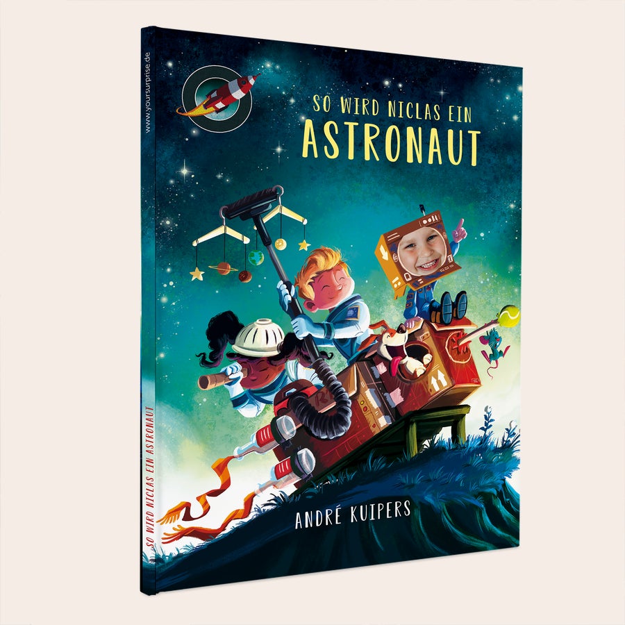 Kinderbuch  Wie man Astronaut wird personalisieren Personalisiertes Kinderbuch - Wie werde ich Astronaut? - Hardcover, gedruckt mit dem Namen Niclas und einem Kinderfoto.