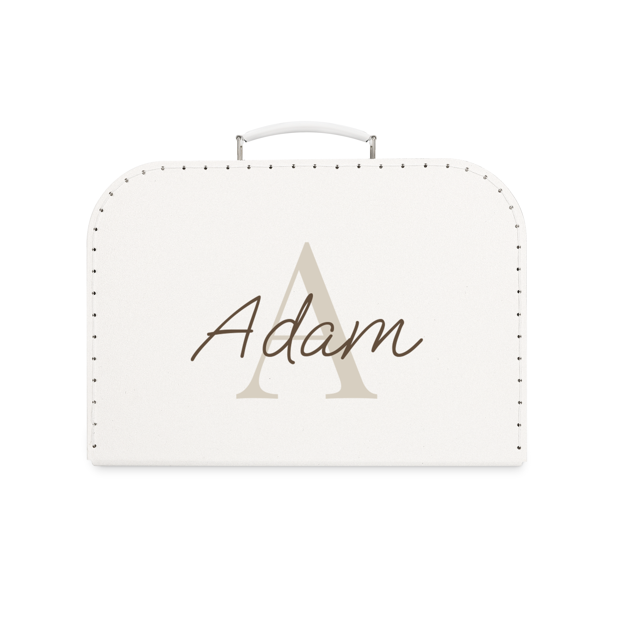 Bedrukte kinderkoffer met naam 'Adam' in beige en bruin lettertype