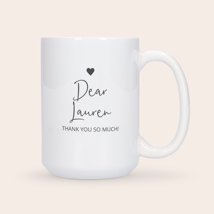 Taza de cerámica mega grande con foto - Blanco Taza de cerámica grande y blanca con un corazón negro impreso, "Dear Lauren" y "Thank you so much!".