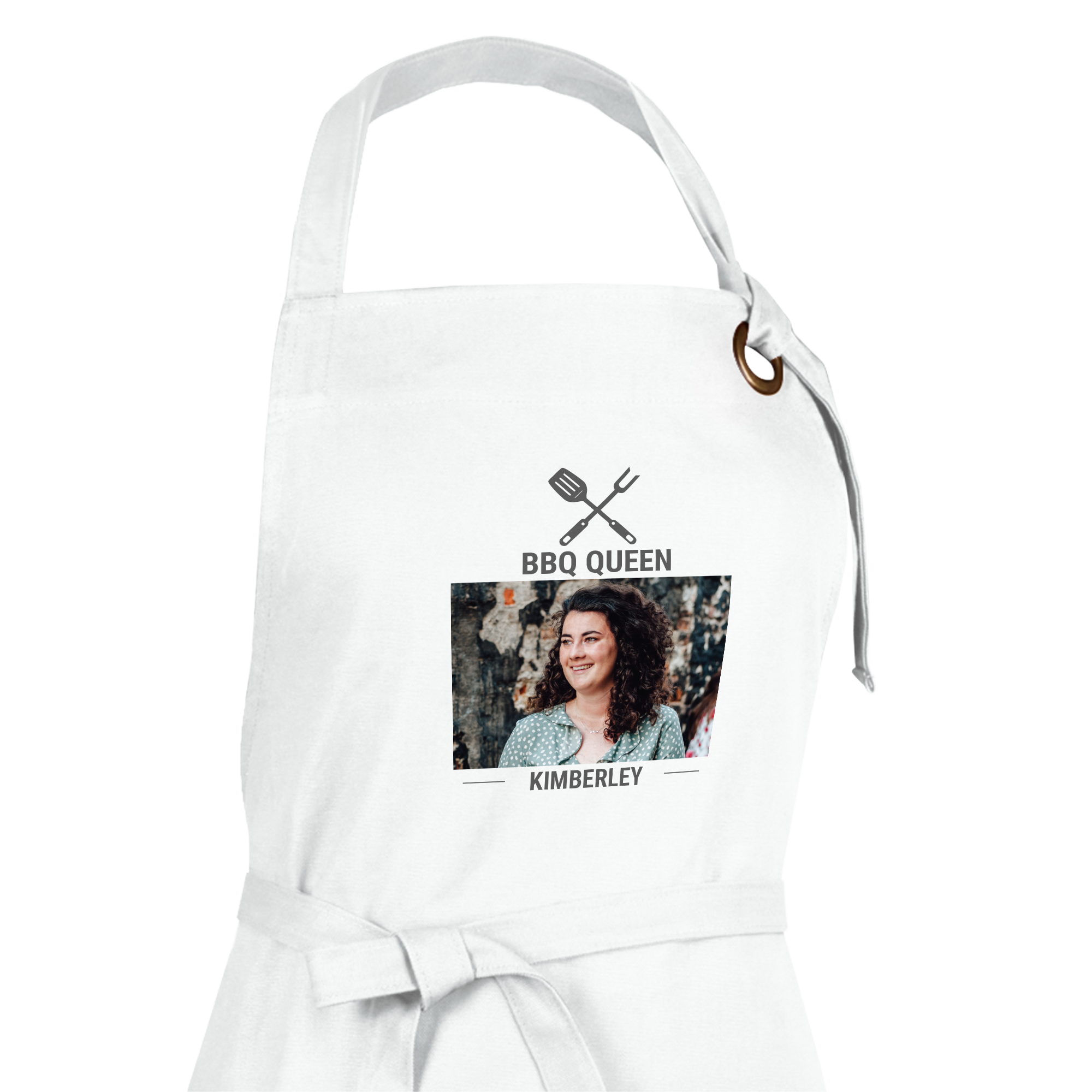 White personalized kitchen apron printed with a photo of a woman, "BBQ QUEEN" text, and a name Kimberly