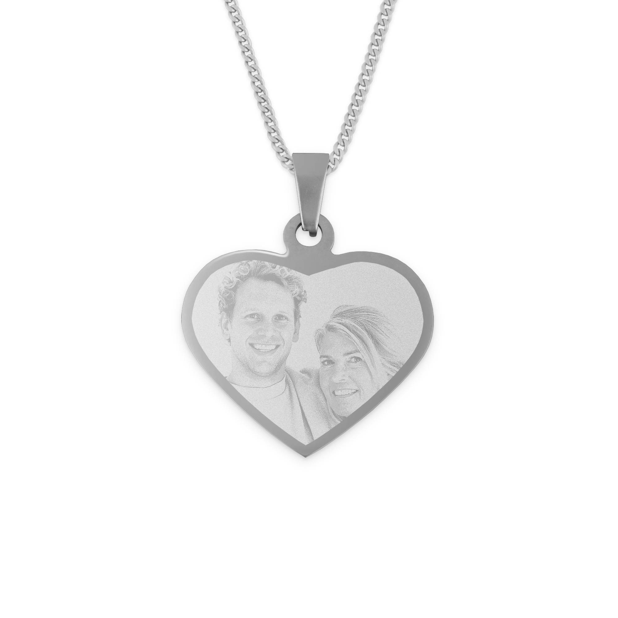 Pendente de ródio em forma de coração gravado com a foto de um casal sorridente, presente personalizado