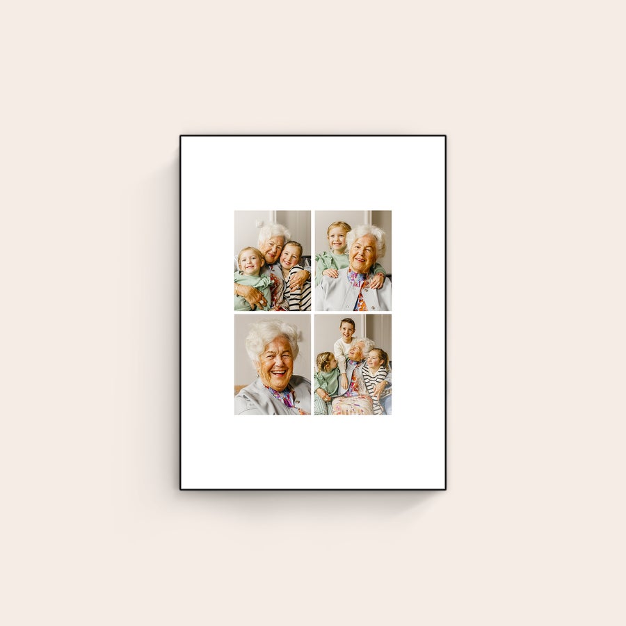 Foto på trä ChromaLuxe träfotopanel med collage av glada familjebilder, tryckt med ett eget foto för att överraska någon.