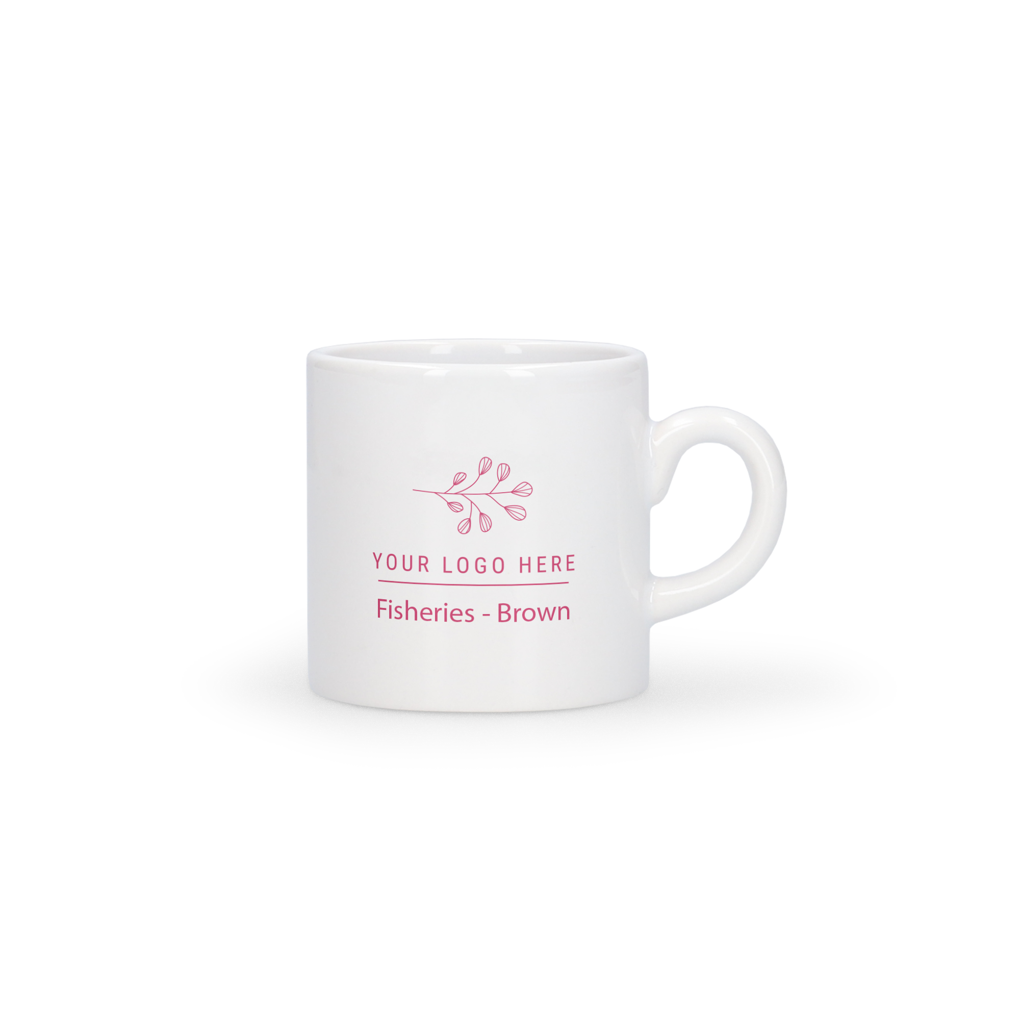 White ceramic personalized espresso mug printed with a custom logo and text for Fisheries - Brown.