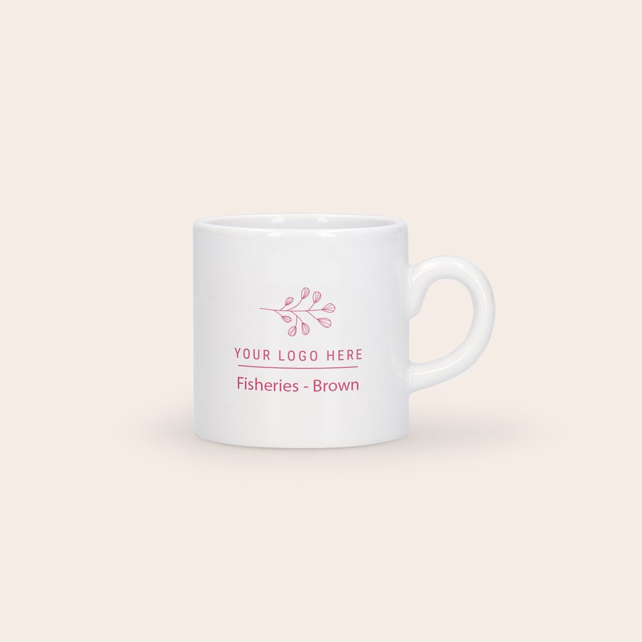 Taza de espresso personalizada Taza de espresso personalizada blanca con estampado de logotipo y texto: "YOUR LOGO HERE Fisheries - Brown"