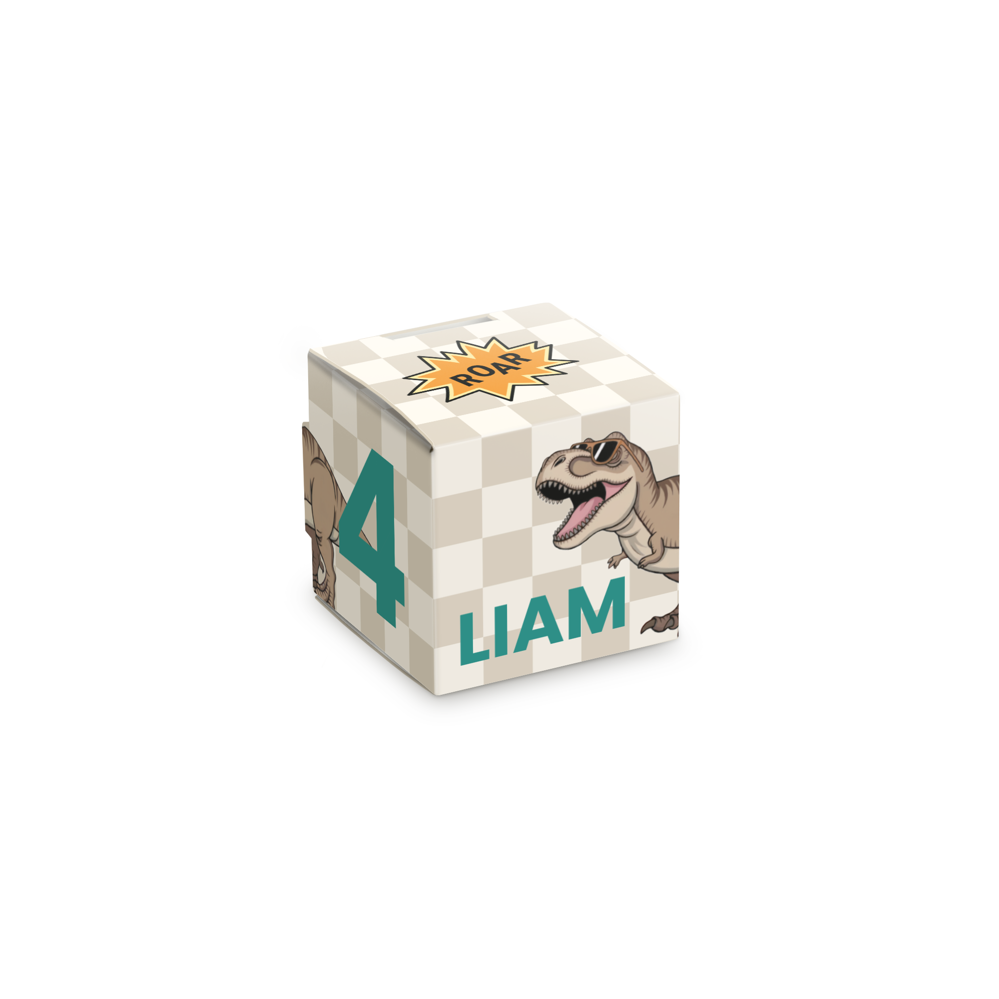 Personlig slikæske - 20 stk. med dinosauertema, alder 4 og navn Liam.