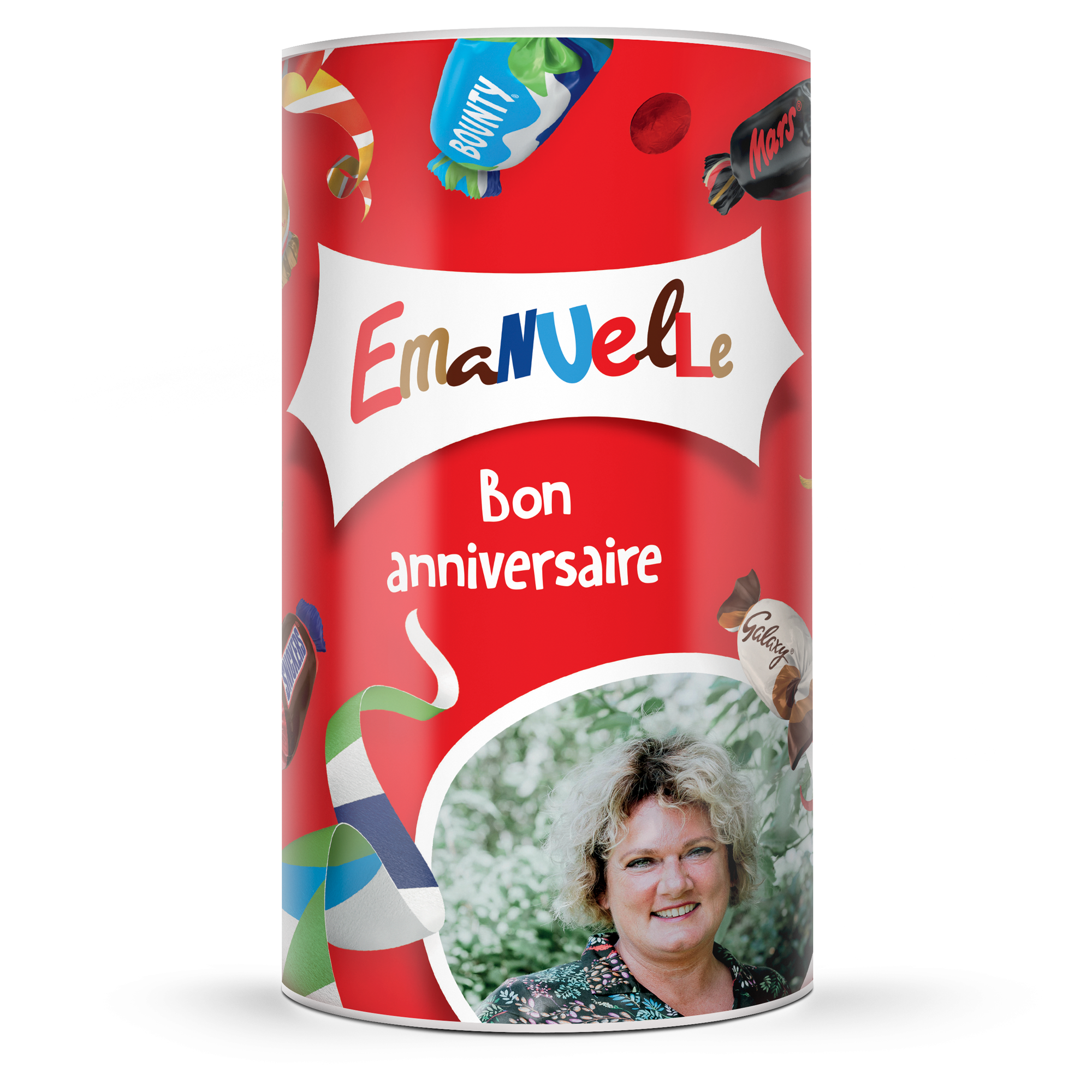 Boîte personnalisée d'assortiment de chocolats Celebrations avec la photo d'une femme et le texte imprimé Emanuelle Bon anniversaire