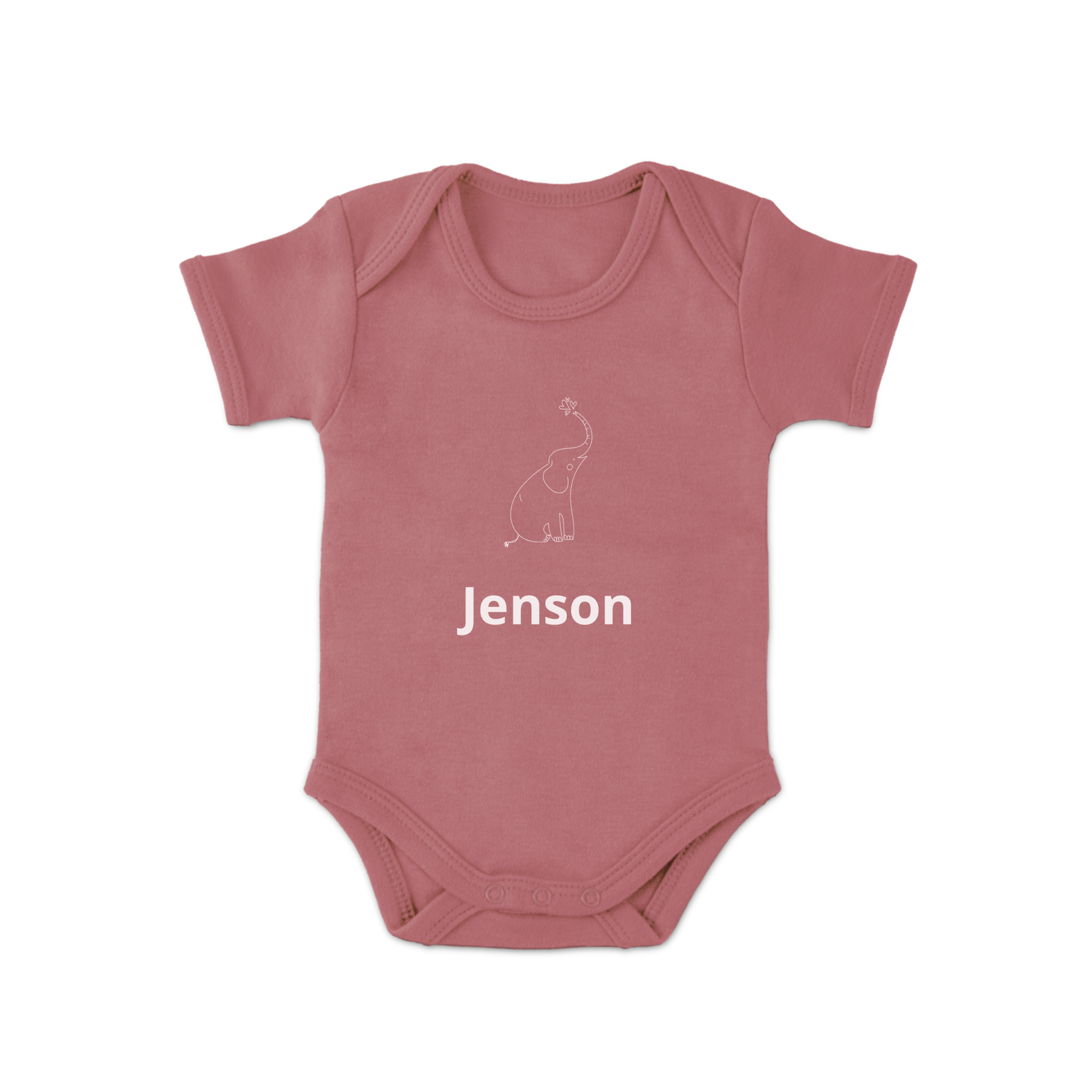 Rosa babybody med tryckt elefantdesign och namnet "Jenson", en personlig body med eget tryck.