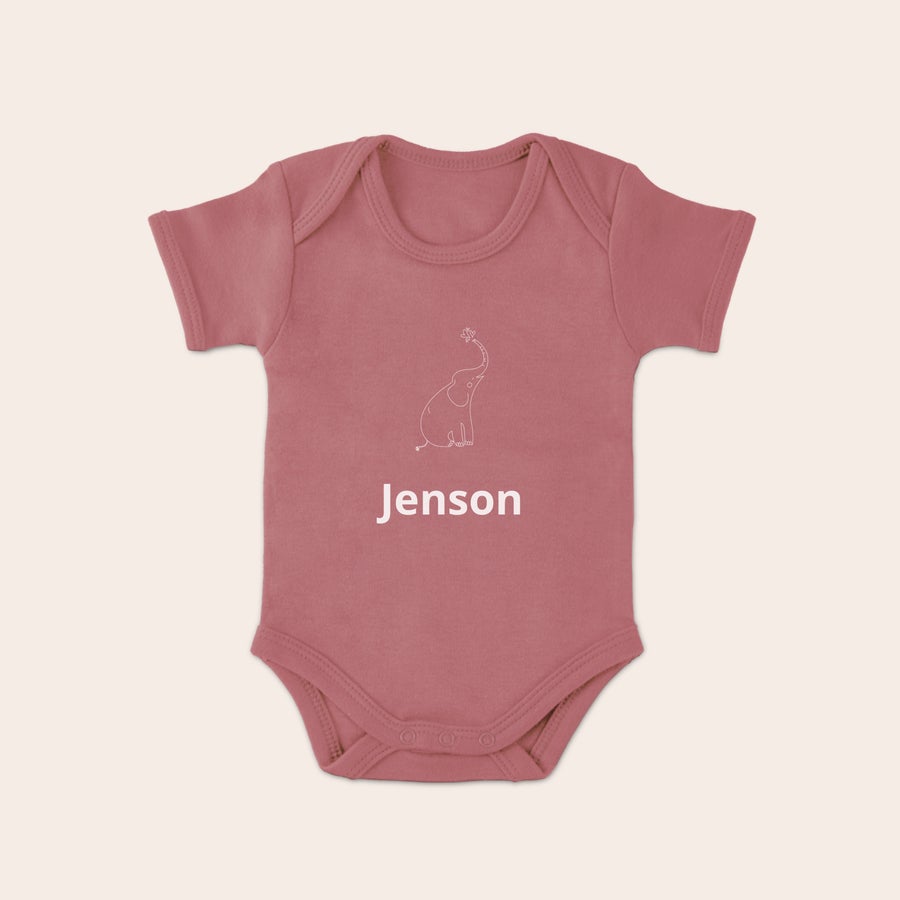 Body Personalizzato per Neonati Body personalizzato per neonato rosa con elefante stilizzato e nome Jenson stampato