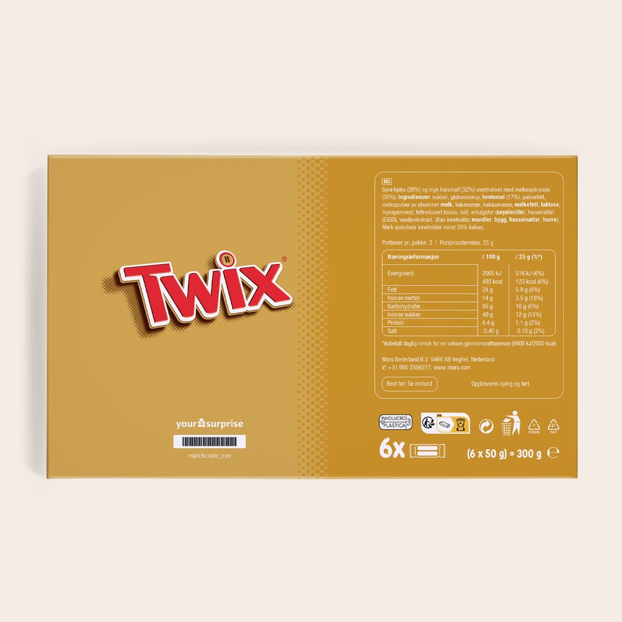 Personlig Twix sjokoladeplate Personlig Twix gaveeske med den gjenkjennelige logoen, klar til å trykkes med tilpasset bilde og tekst