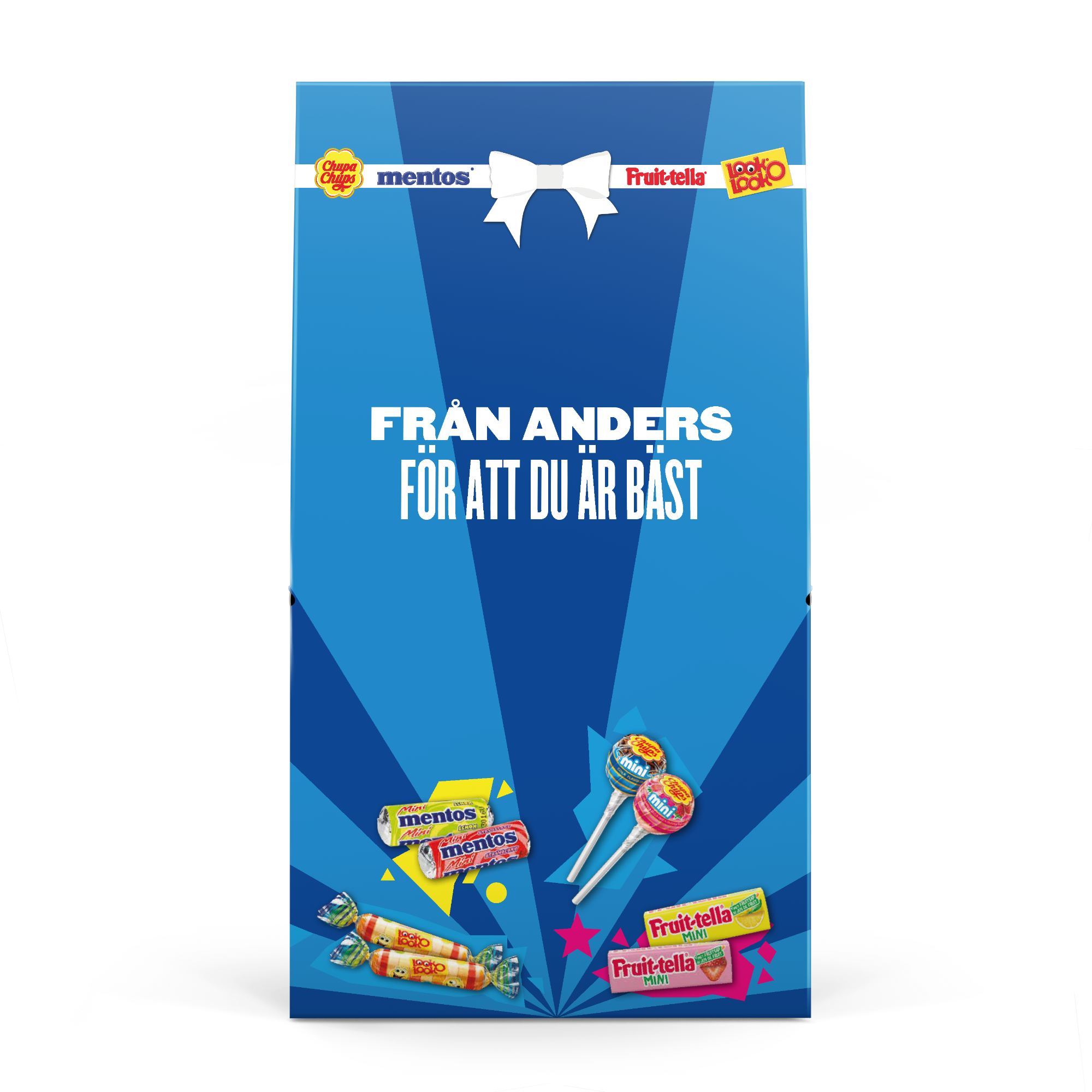 Blå Fruit-tella godismix med texten "Från Anders för att du är bäst" tryckt på förpackningen, med Mentos, Chupa Chups och Look O Look minigodisar.
