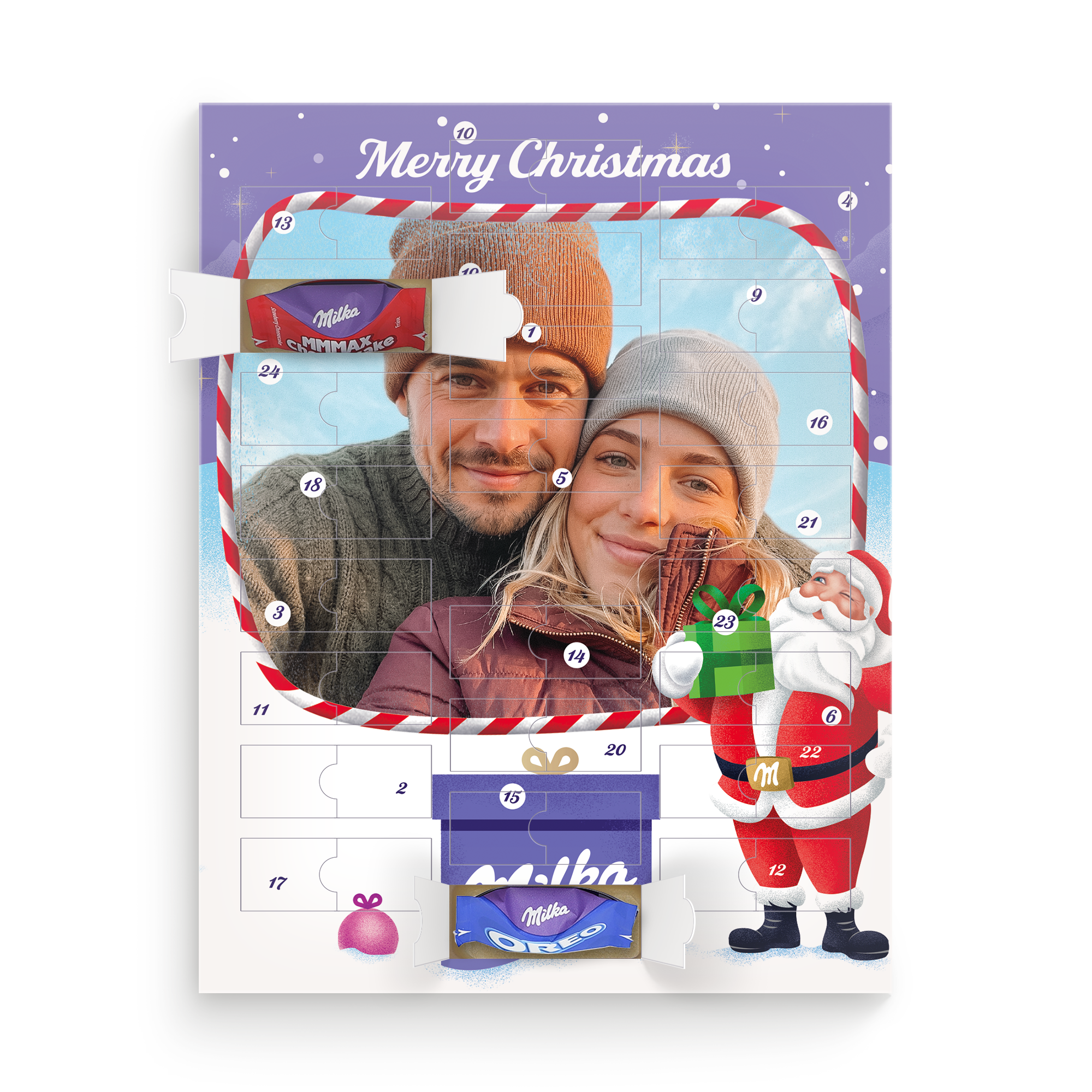 Personalisierter Adventskalender - Milka Favourites mit eigenem Foto, individualisiertem Text und 24 Milka Schokoladen.