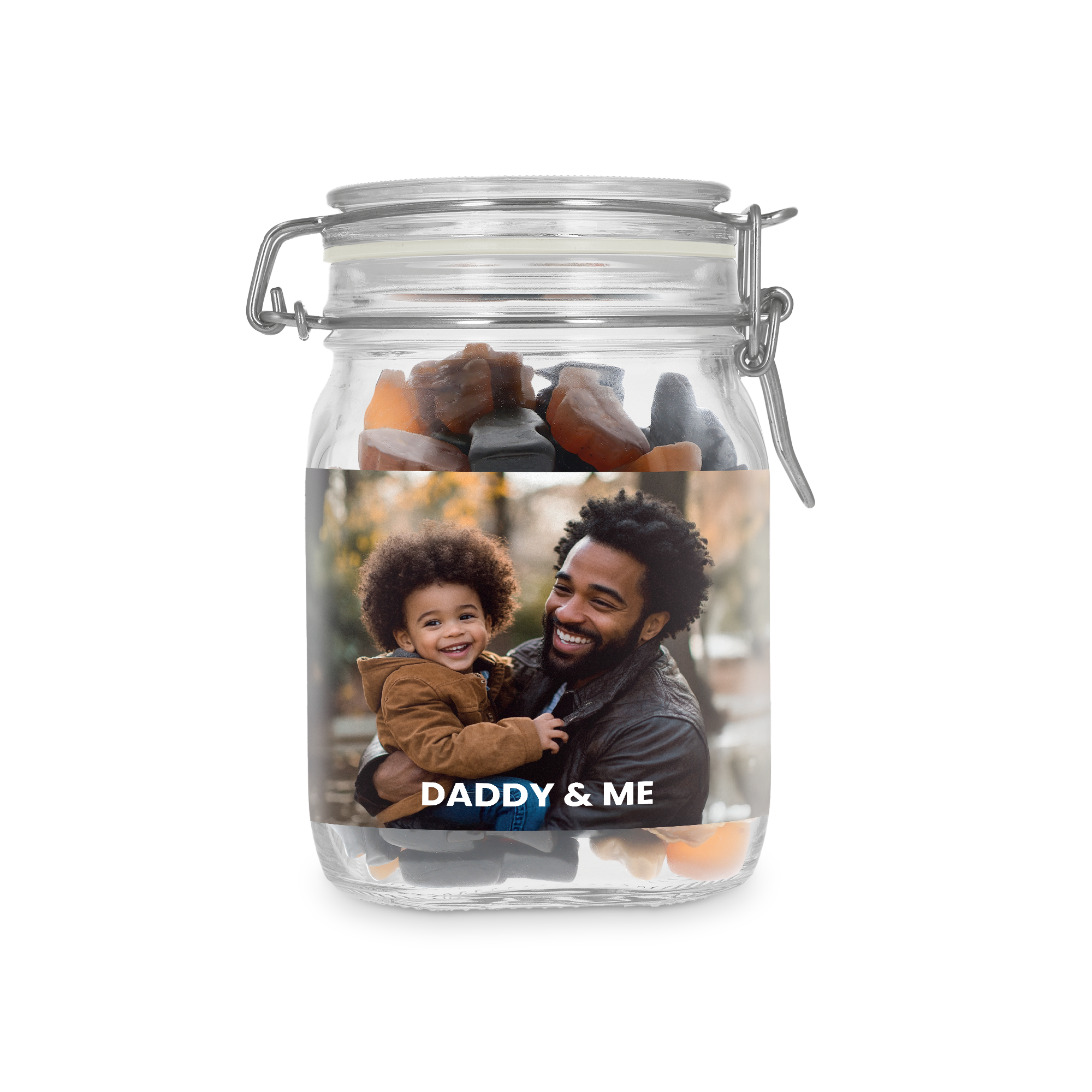 Personalised sweet jar with liquorice mix, printed with a photo of a dad and child and text Daddy & Me