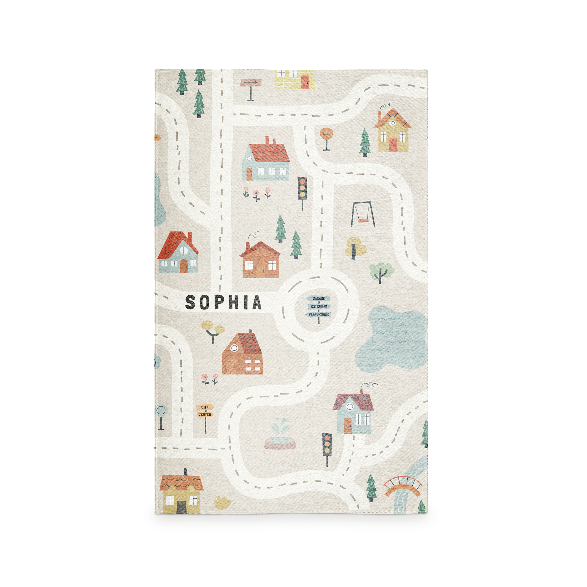 Tapis de jeu personnalisé imprimé avec des maisons et des routes, incluant le prénom Sophia et des destinations comme Garage et Playground.