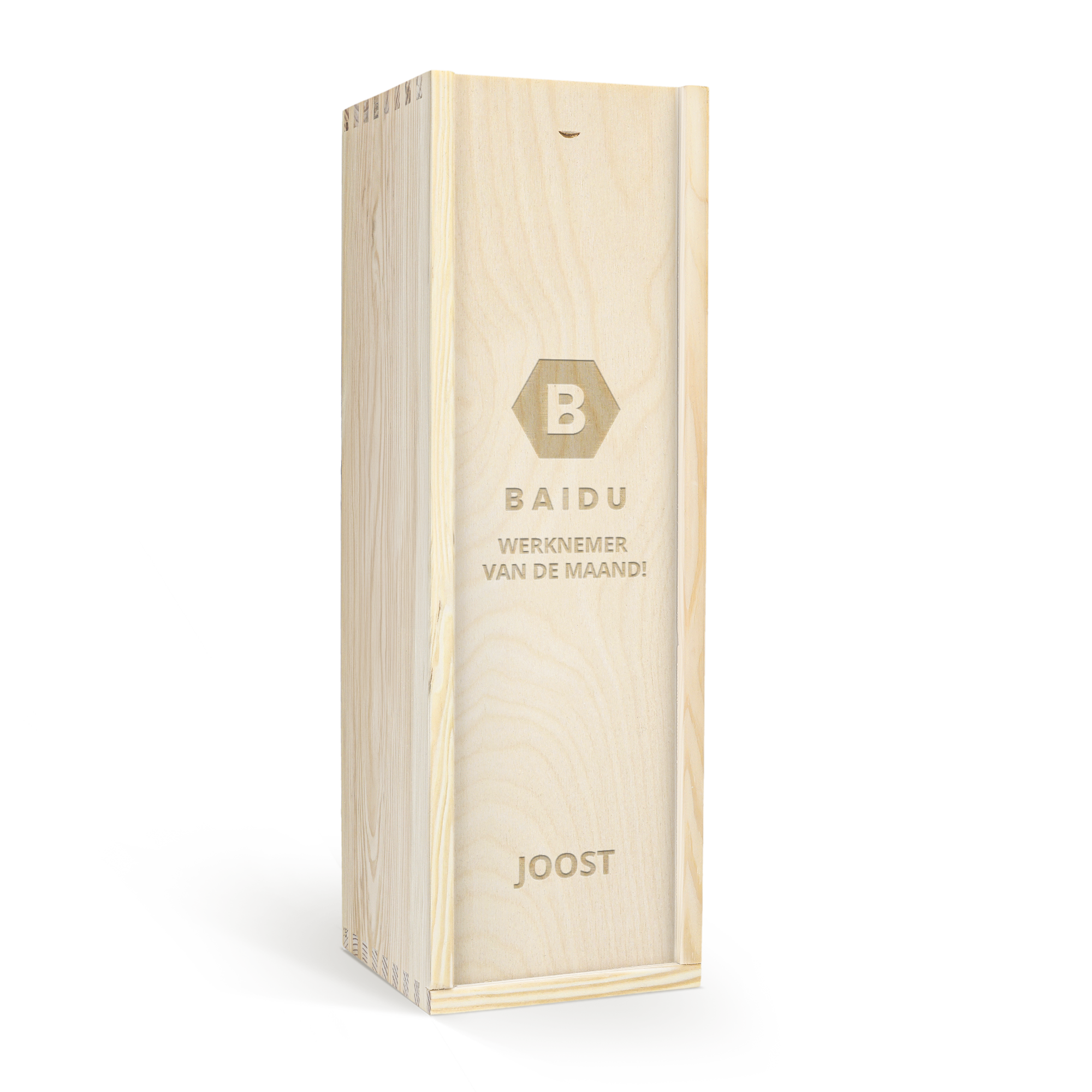 Luxe houten kist met persoonlijke gravure: een logo, de tekst "Baidu Werknemer van de maand!" en de naam Joost.