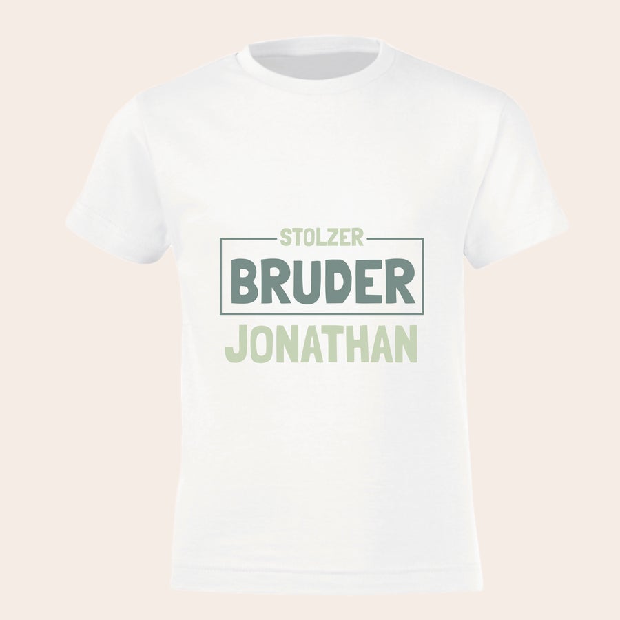 T-Shirt bedrucken - großer Bruder/große Schwester Weißes T-Shirt mit "Stolzer Bruder Jonathan" Aufdruck, personalisierbar für Schwangerschaftsverkündung