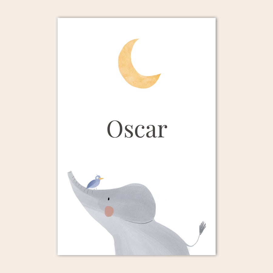 Póster de nascimento Póster de nascimento de bebé personalizado com nome Oscar, elefante, pássaro e lua impressos.