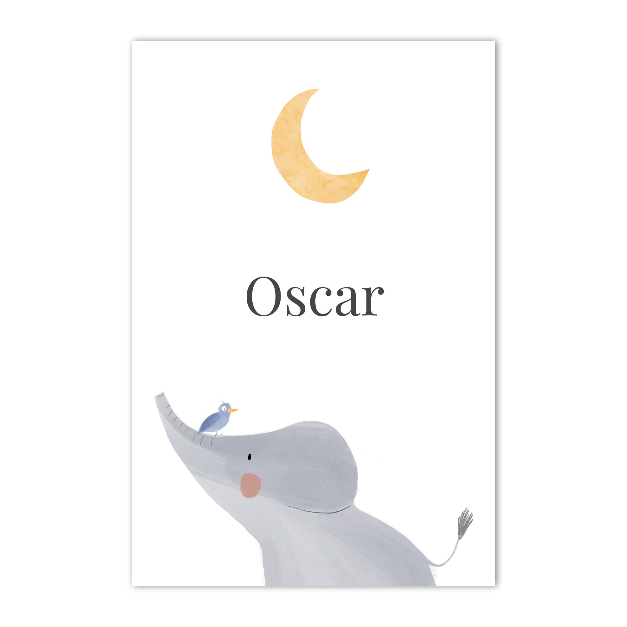 Personlig babyplakat med en elefant, fugl og halvmåne. Printet med navnet Oscar til børneværelset.