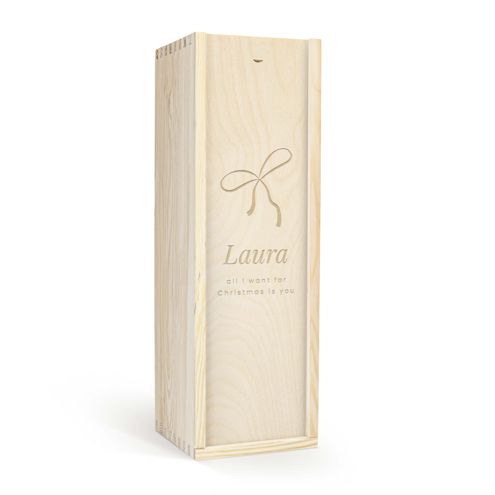 Caja de madera de pino con diseño de lazo grabado, "Laura" y "all I want for Christmas is you", para personalizar con nombre o texto.