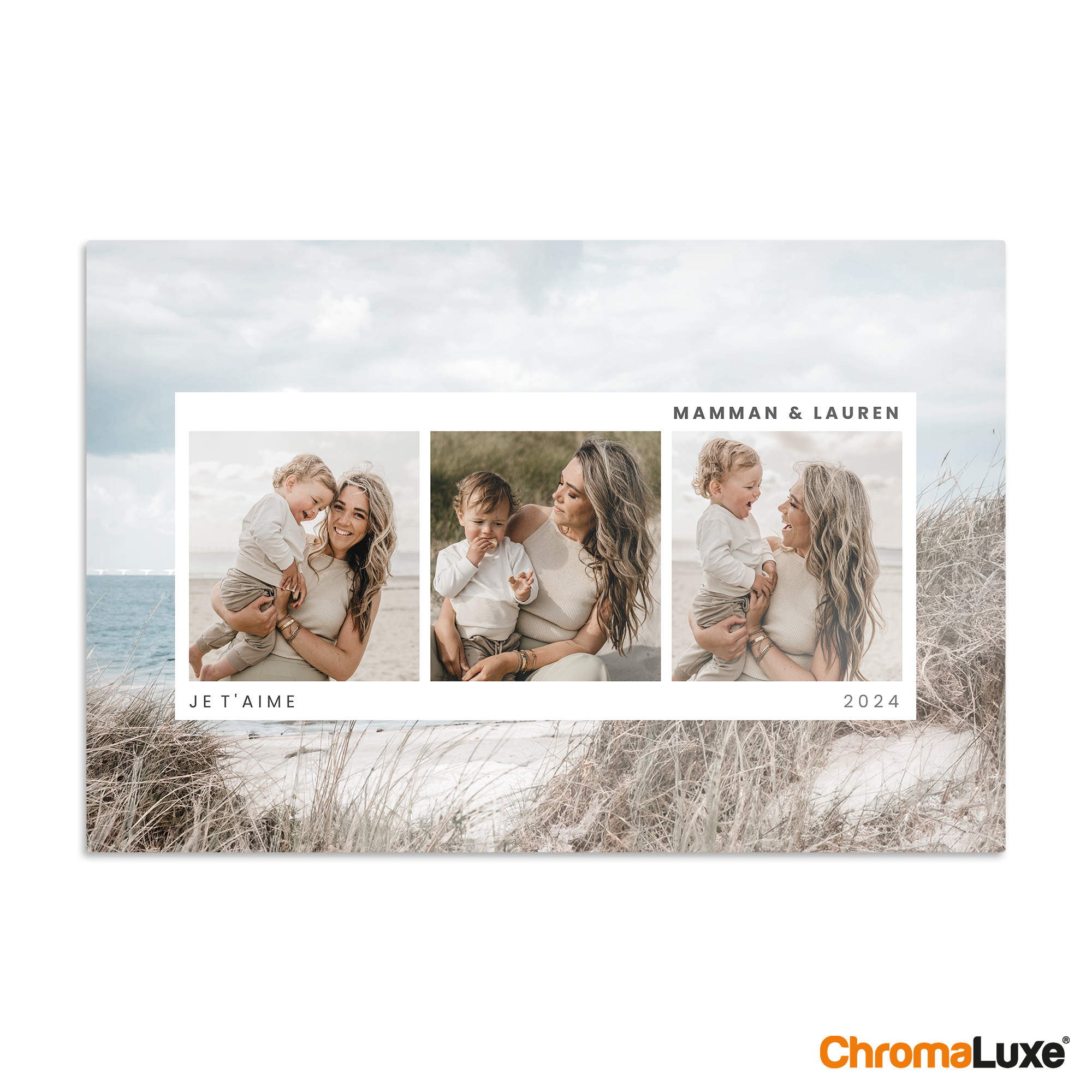 Tableau photo personnalisé ChromaLuxe avec trois photos de maman et bébé sur une plage avec le texte Maman & Lauren Je t'aime 2024