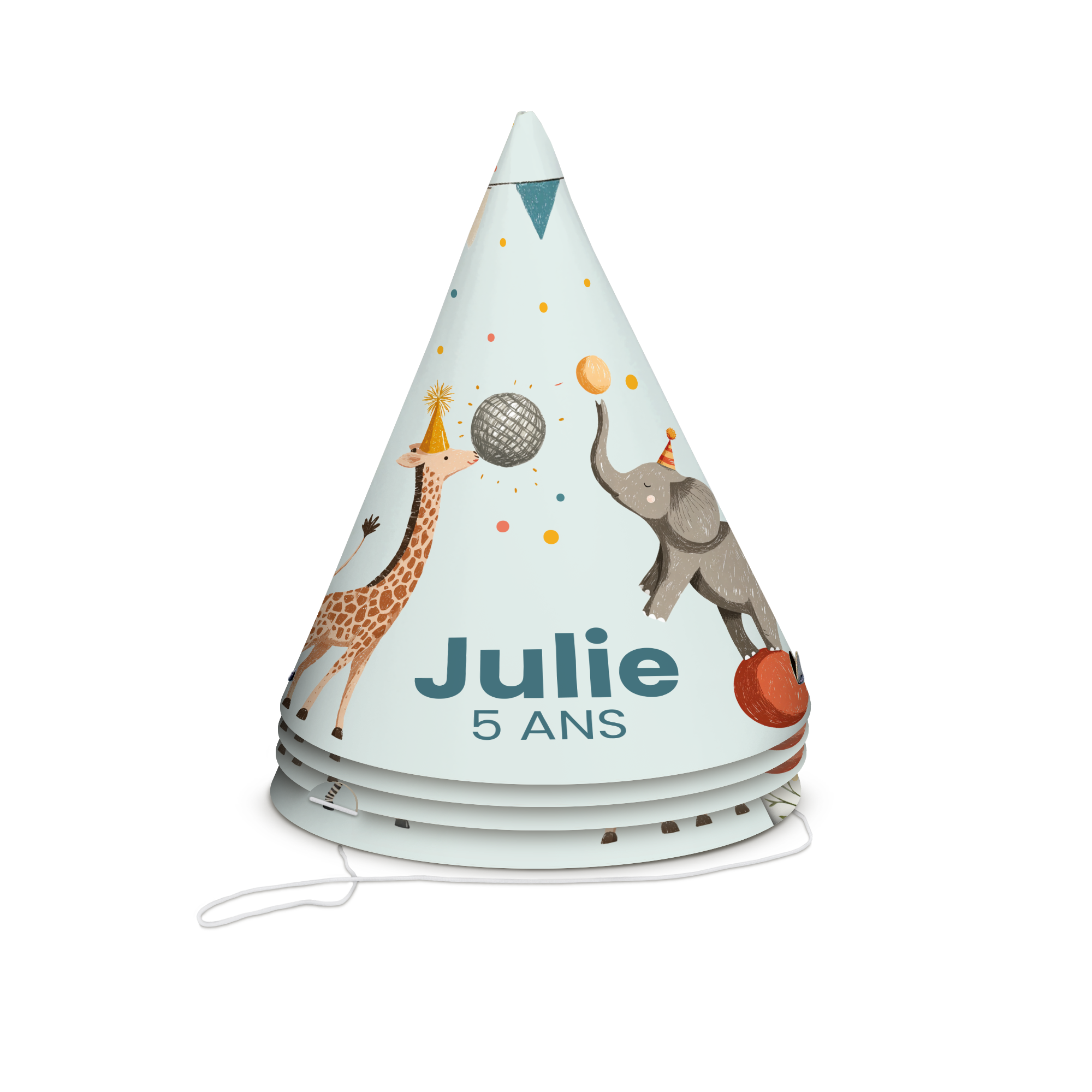 Chapeau anniversaire personnalisé - 8 pièces imprimé avec nom Julie et 5 ANS, motif cirque girafe et éléphant.
