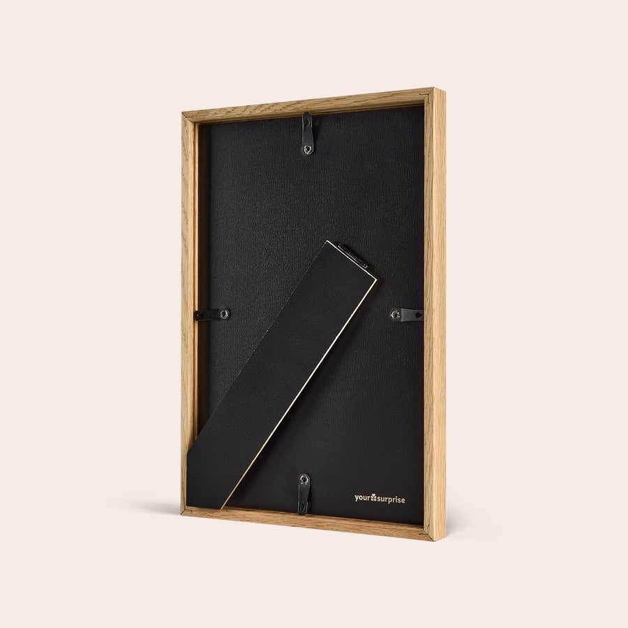 Personalised photo print with frame Rear view of a personalized photo print including a wooden frame showing the hanging and standing options