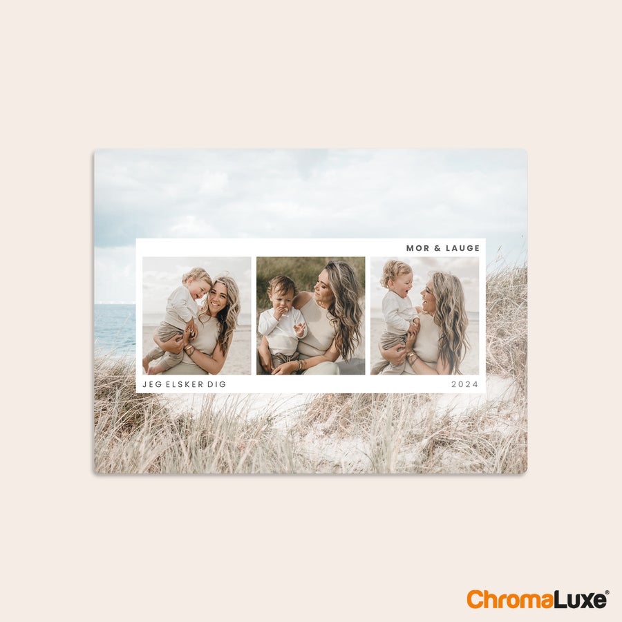 Aluminium fotopanel Chromaluxe aluminium fotoprint med 3 personlige billeder af mor og barn, teksten Jeg Elsker Dig og årstallet 2024