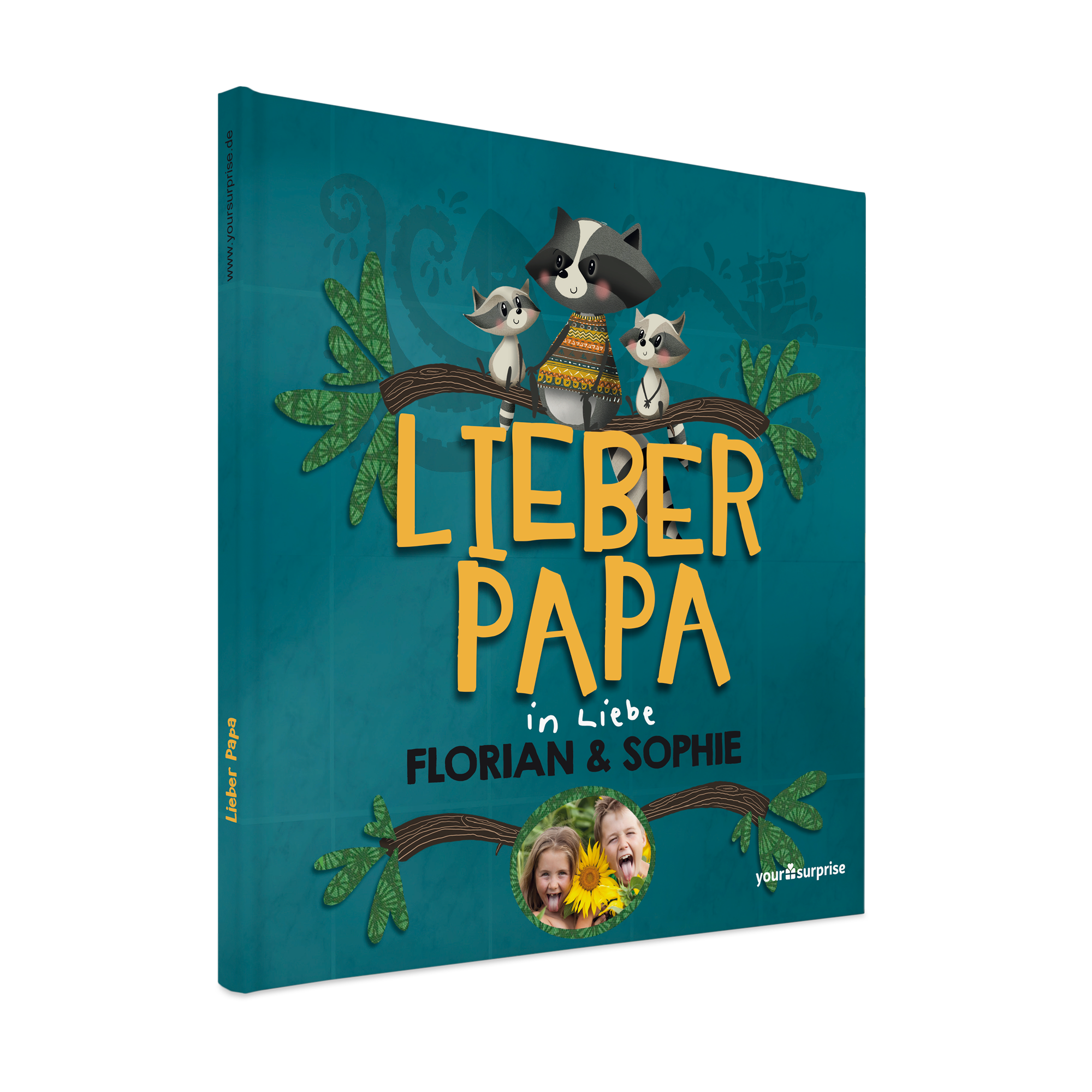 Personalisiertes Buch Lieber Papa mit Namen Florian & Sophie und Foto von zwei lachenden Kindern